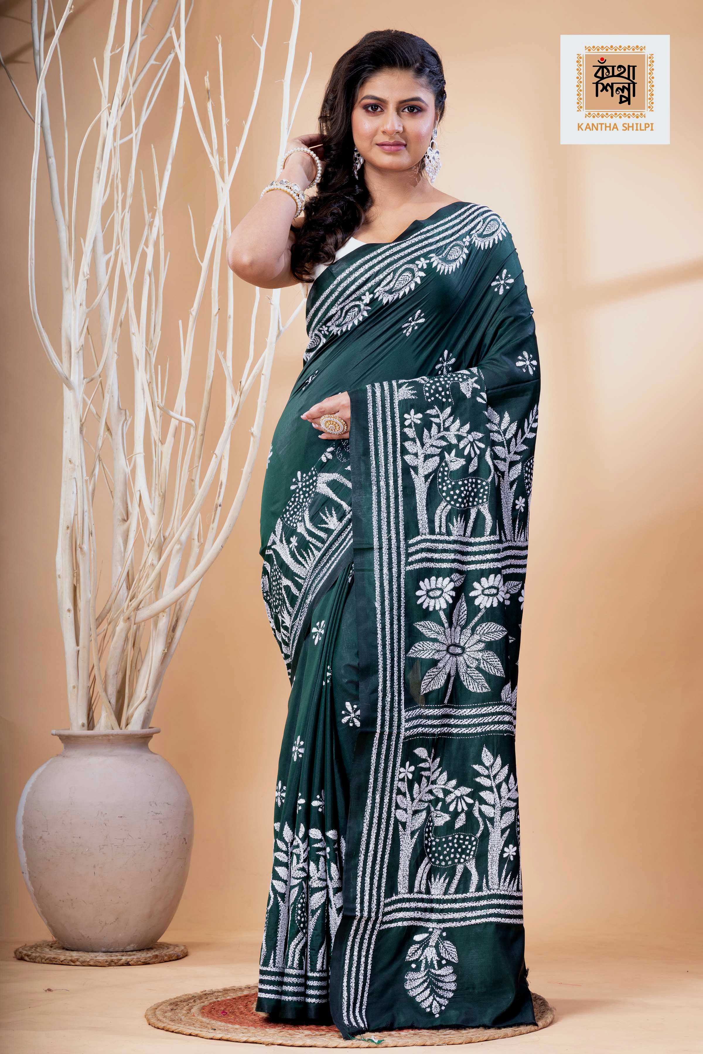 Dark Green Color Bangalore Silk White Color Thread Work Kantha Stitch Saree
