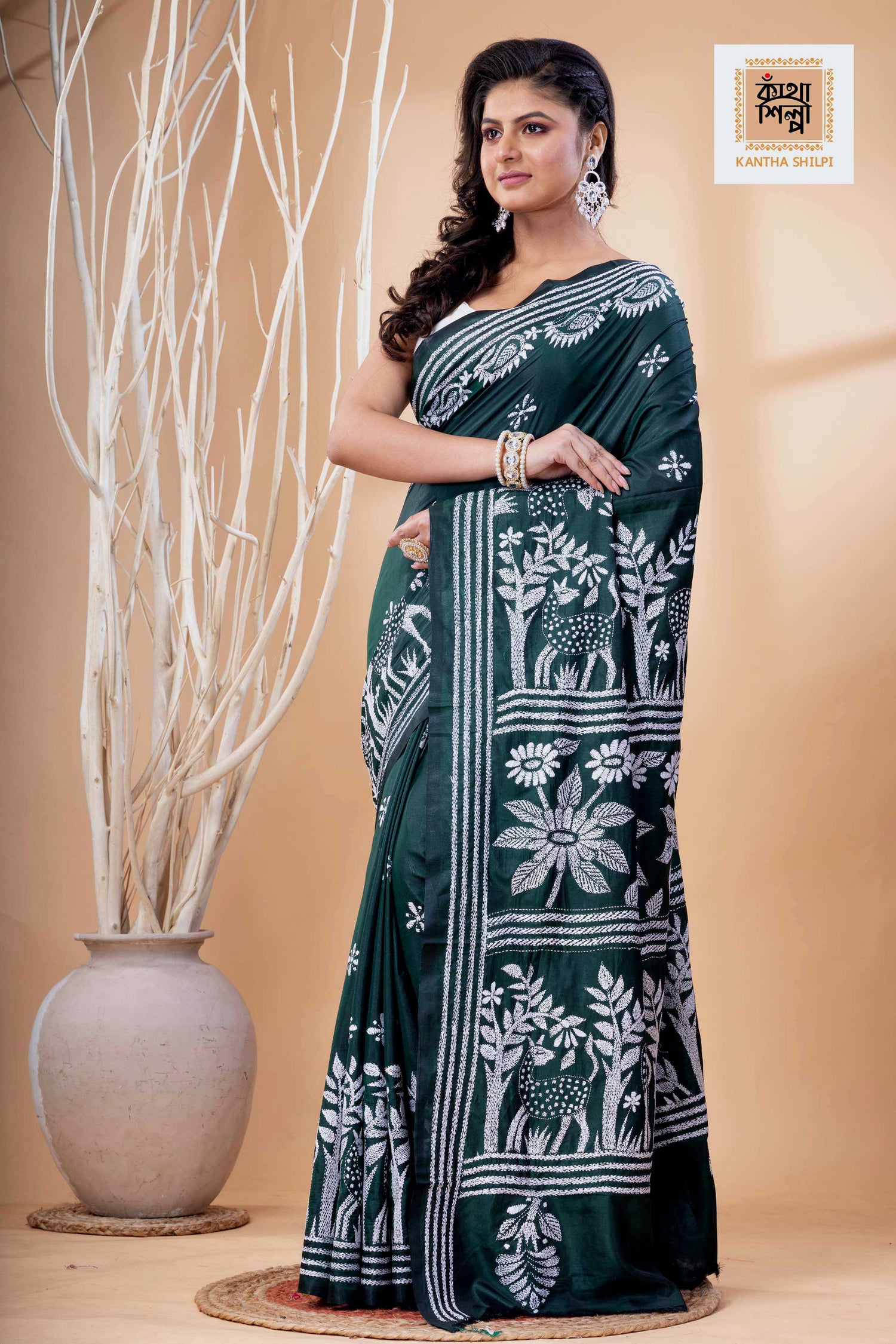 Dark Green Color Bangalore Silk White Color Thread Work Kantha Stitch Saree