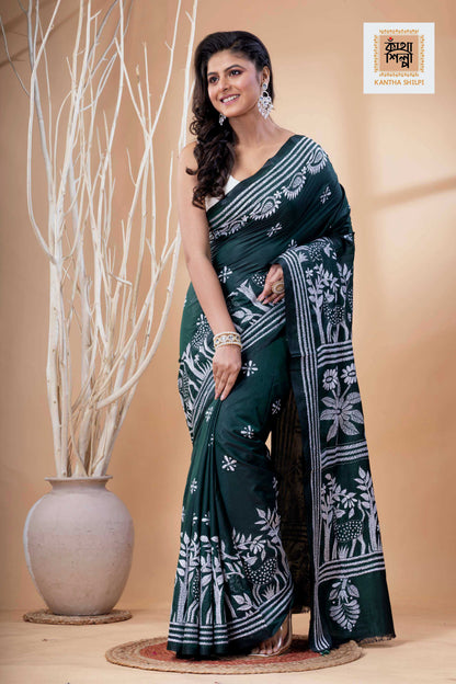 Dark Green Color Bangalore Silk White Color Thread Work Kantha Stitch Saree