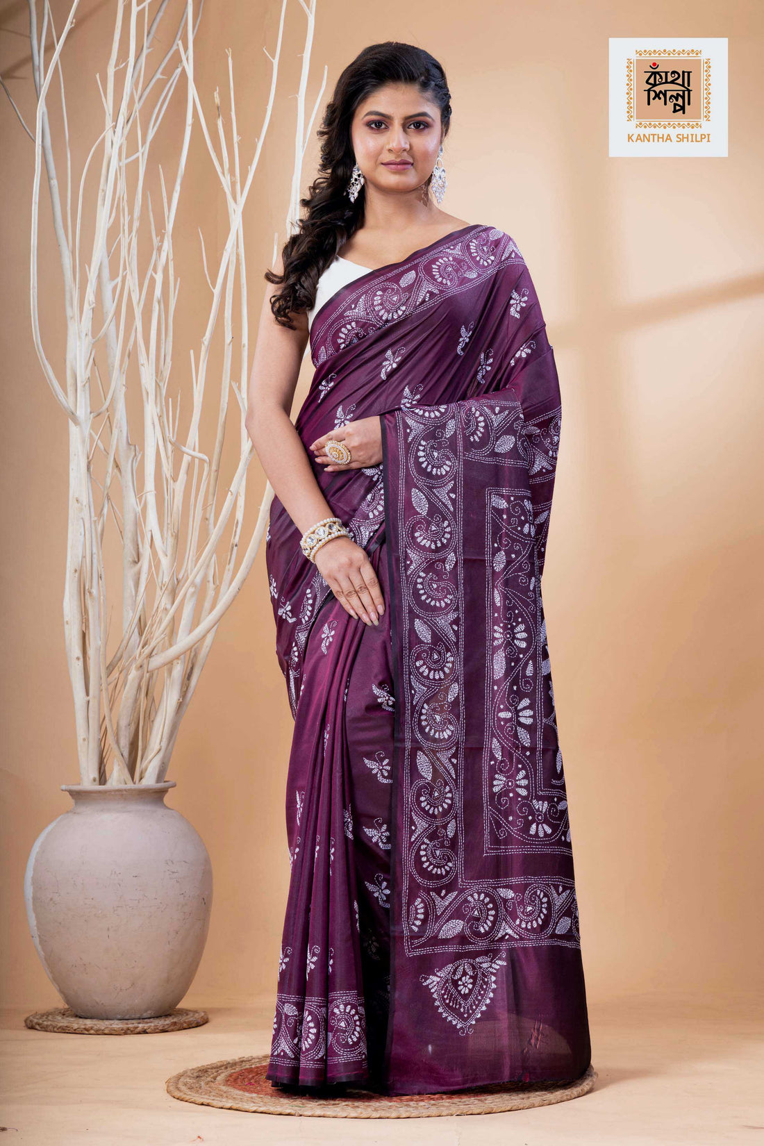 Magenta Color Bangalore Silk White Color Thread Work Kantha Stitch Saree