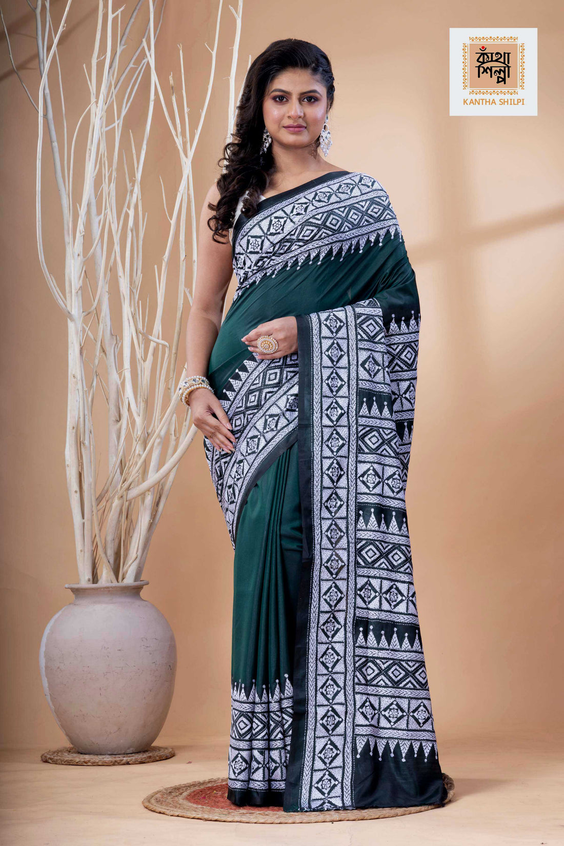 Green Color Bangalore Silk White Color Thread Work Kantha Stitch Saree