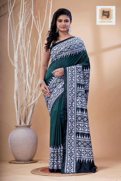 Green Color Bangalore Silk White Color Thread Work Kantha Stitch Saree