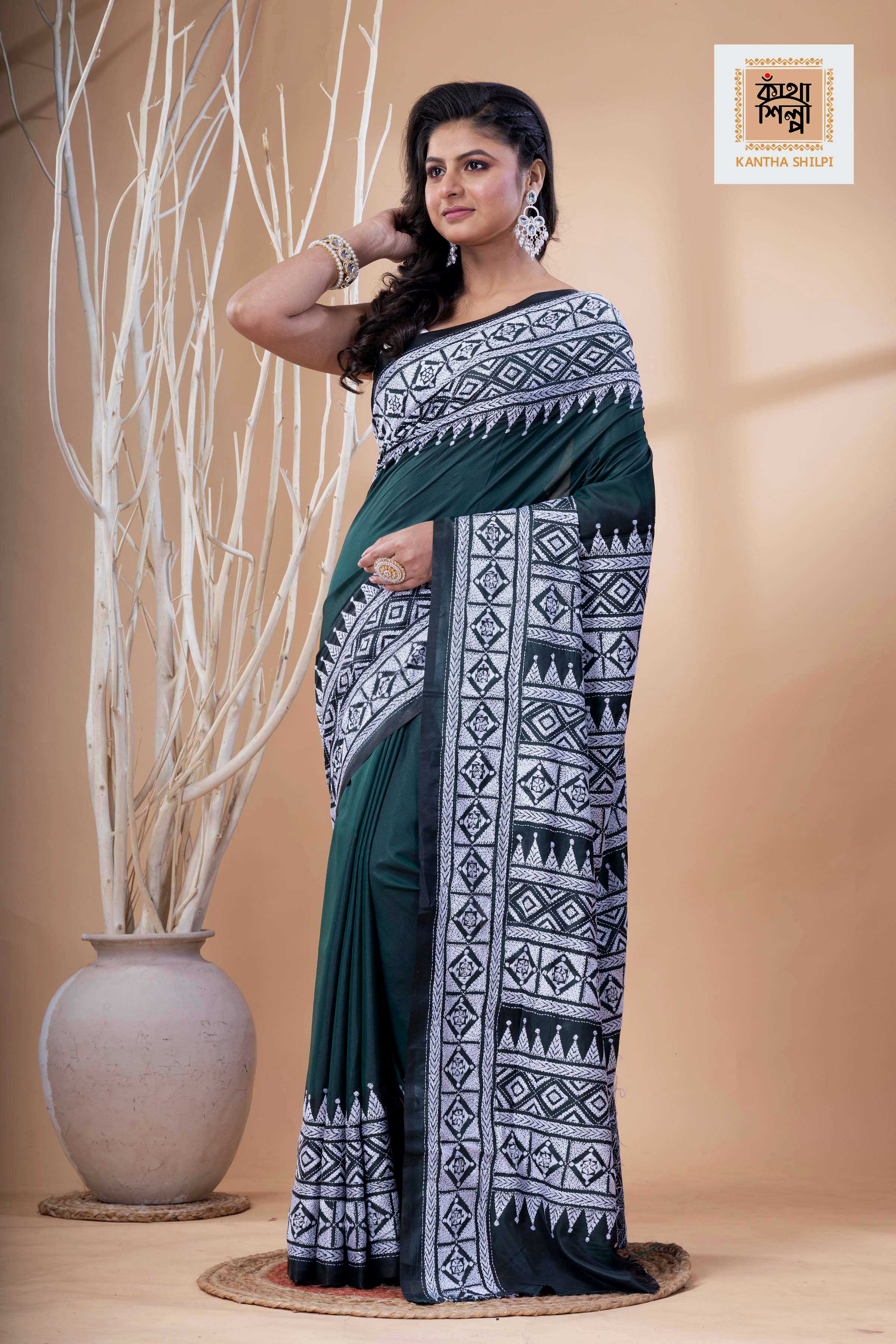 Green Color Bangalore Silk White Color Thread Work Kantha Stitch Saree