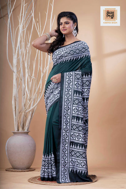 Green Color Bangalore Silk White Color Thread Work Kantha Stitch Saree
