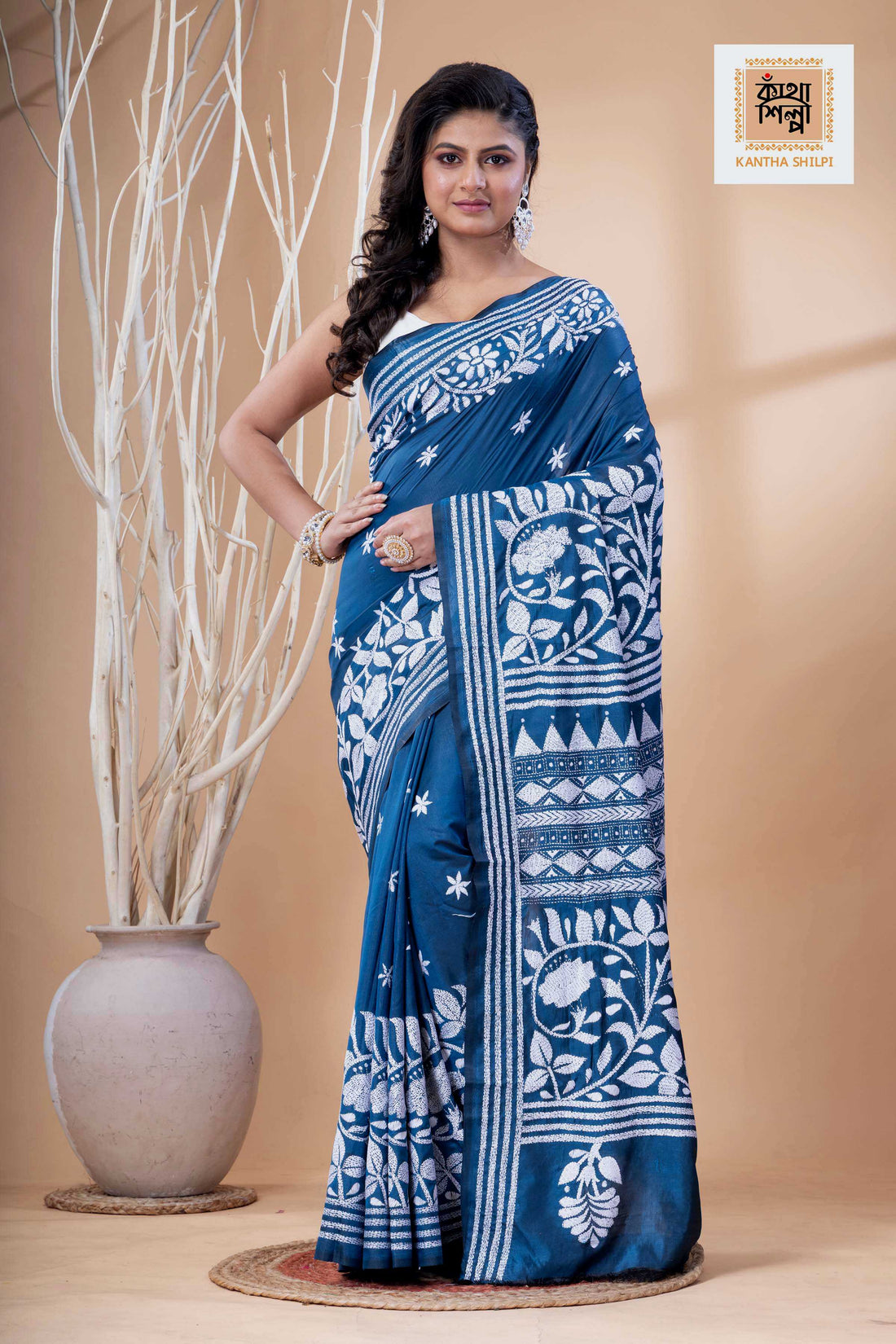 Light Navy Color Bangalore Silk White Color Thread Work Kantha Stitch Saree
