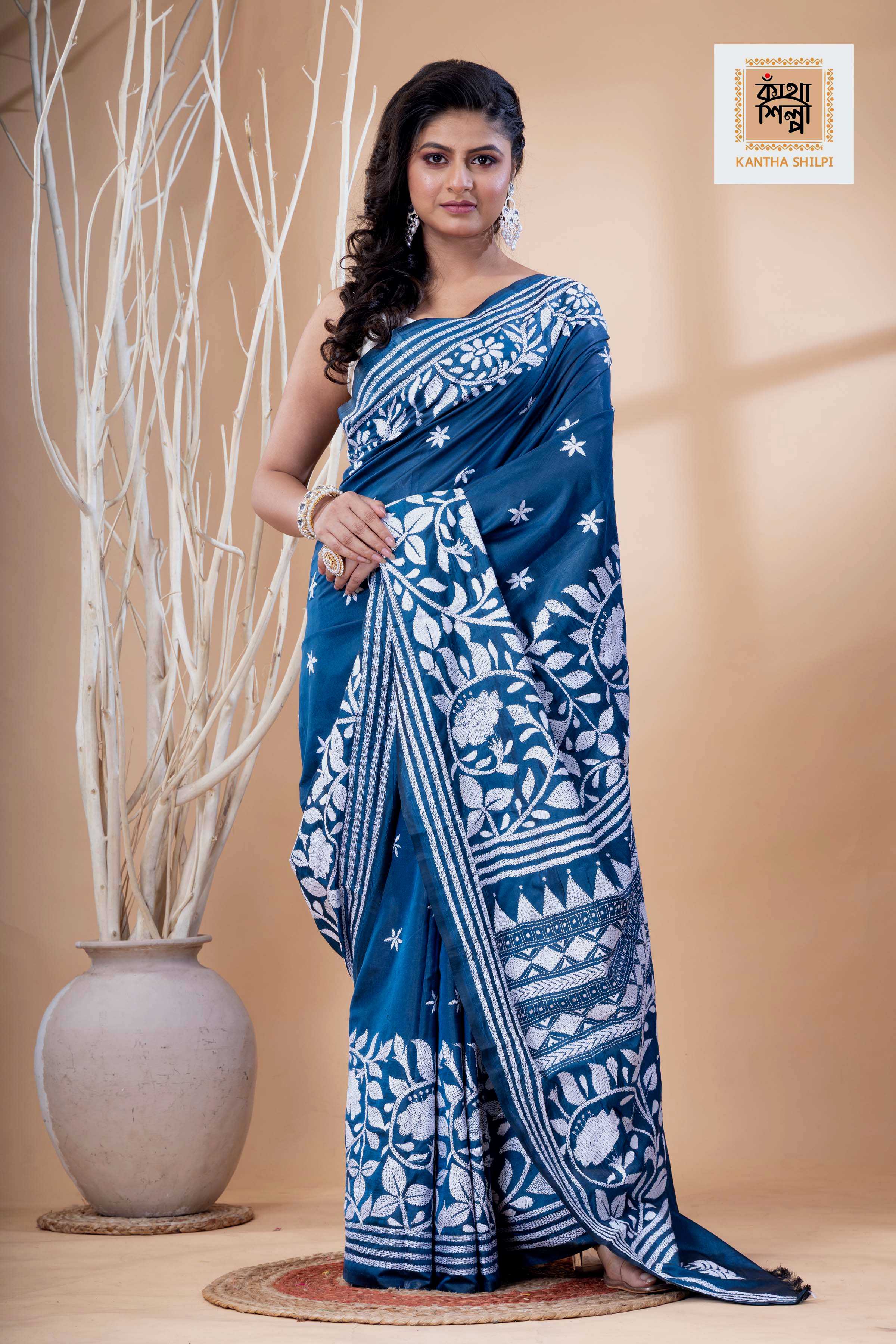 Light Navy Color Bangalore Silk White Color Thread Work Kantha Stitch Saree