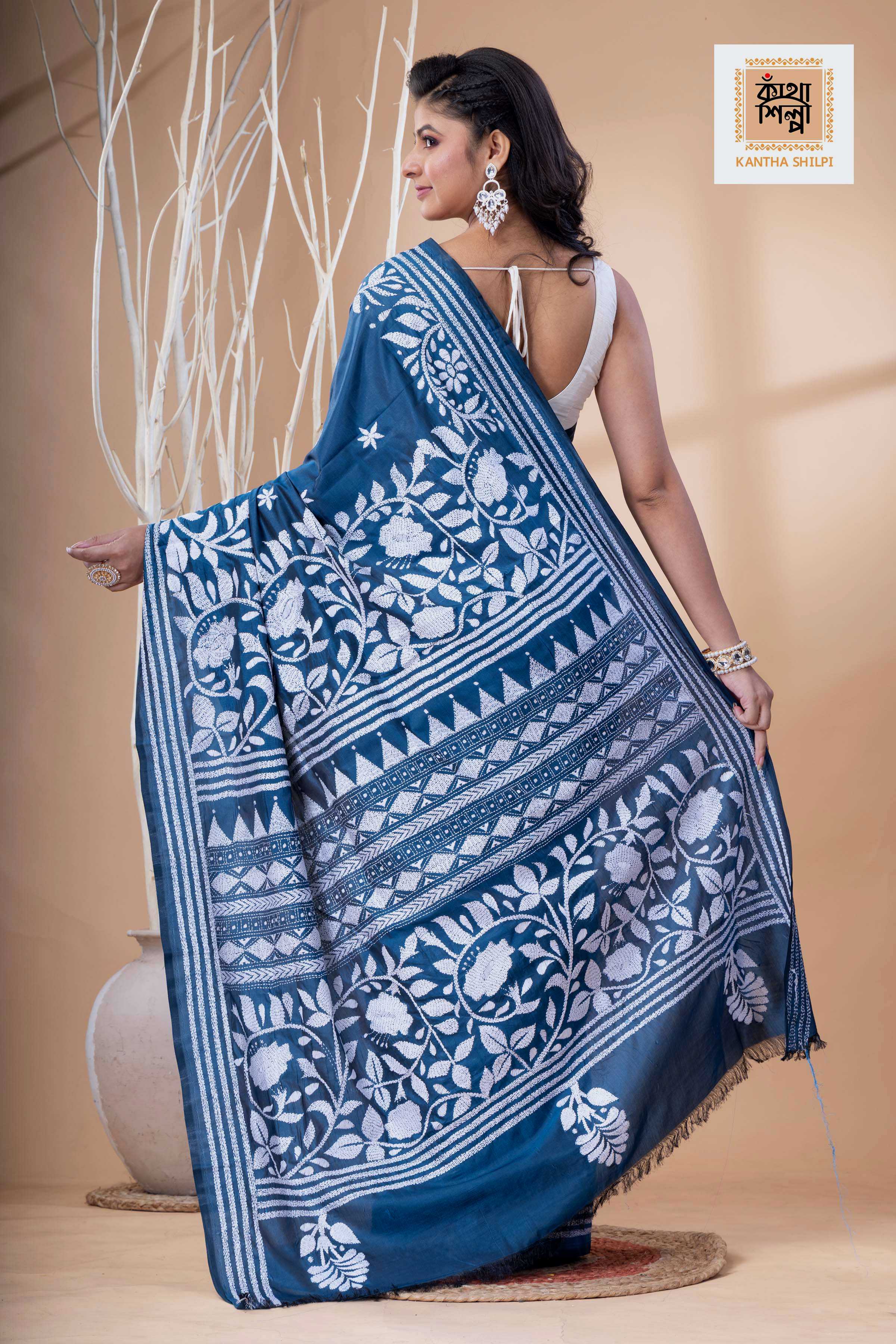 Light Navy Color Bangalore Silk White Color Thread Work Kantha Stitch Saree