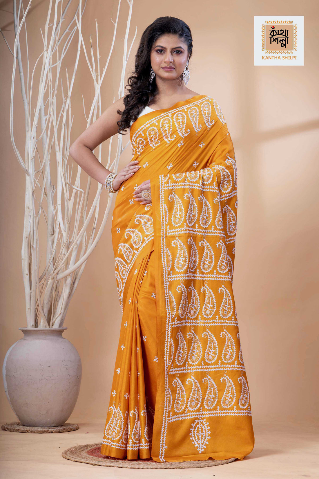 Yellow Bangalore Silk White Thread Work Gujrati Stitch Saree