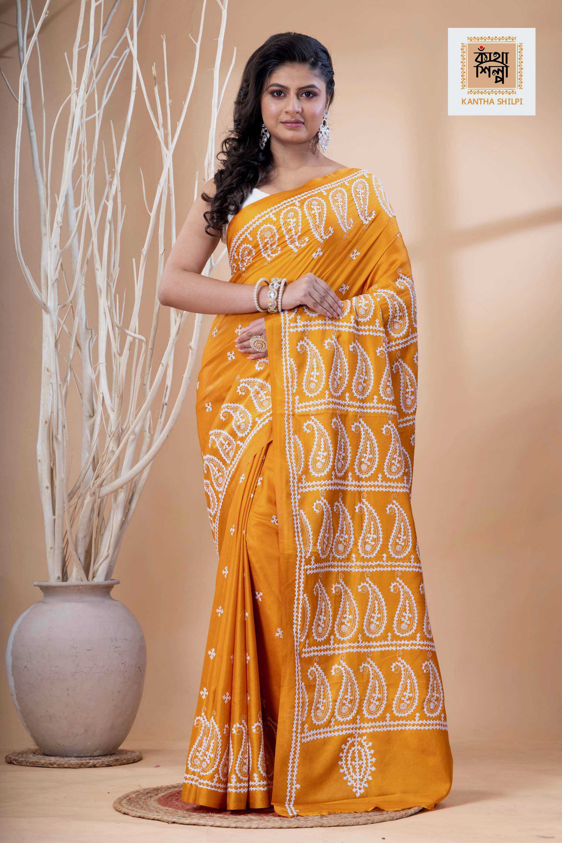 Yellow Bangalore Silk White Thread Work Gujrati Stitch Saree