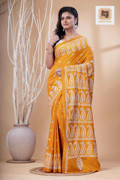 Yellow Bangalore Silk White Thread Work Gujrati Stitch Saree