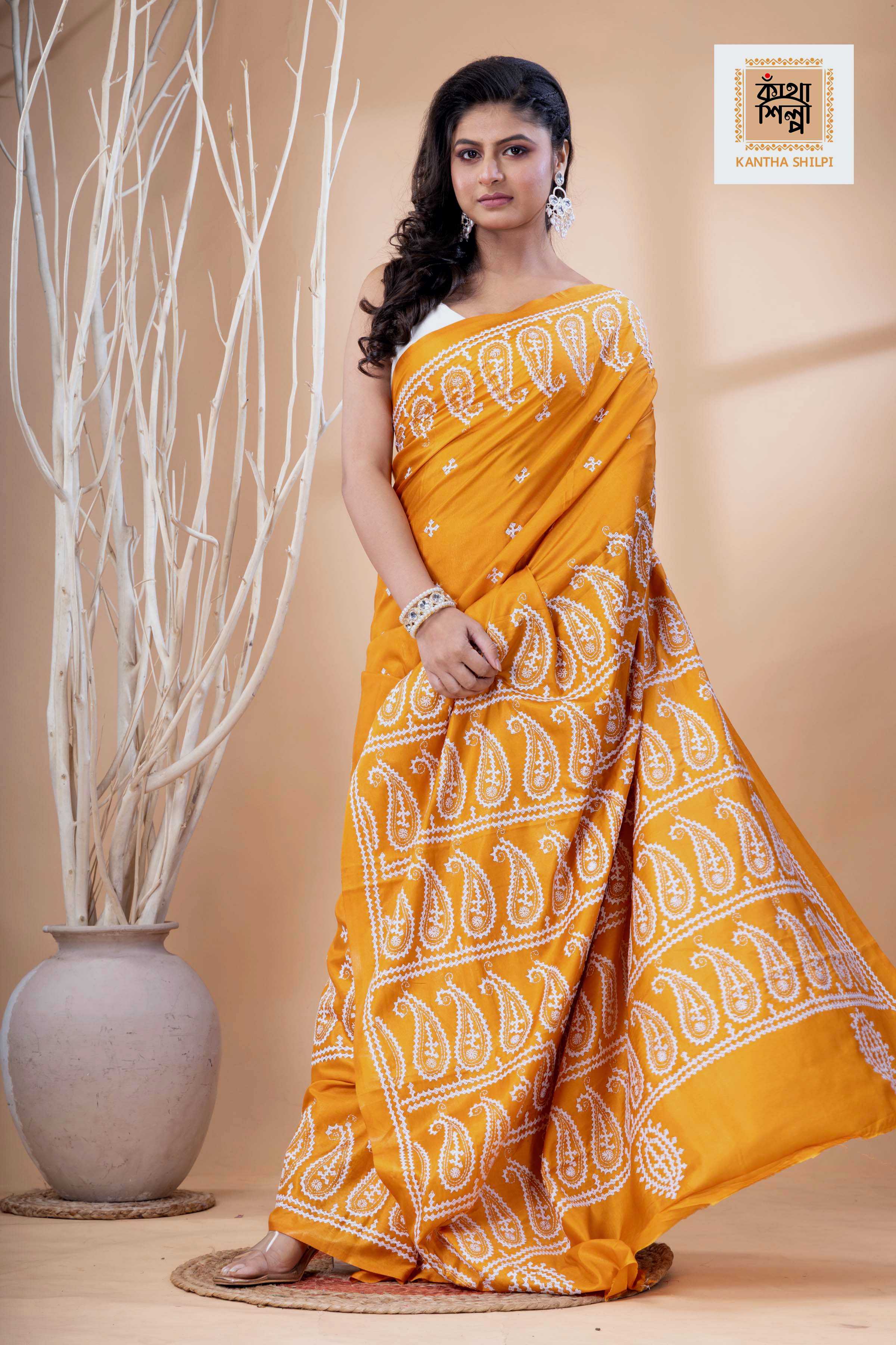 Yellow Bangalore Silk White Thread Work Gujrati Stitch Saree