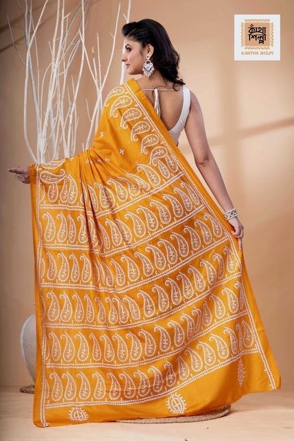 Yellow Bangalore Silk White Thread Work Gujrati Stitch Saree