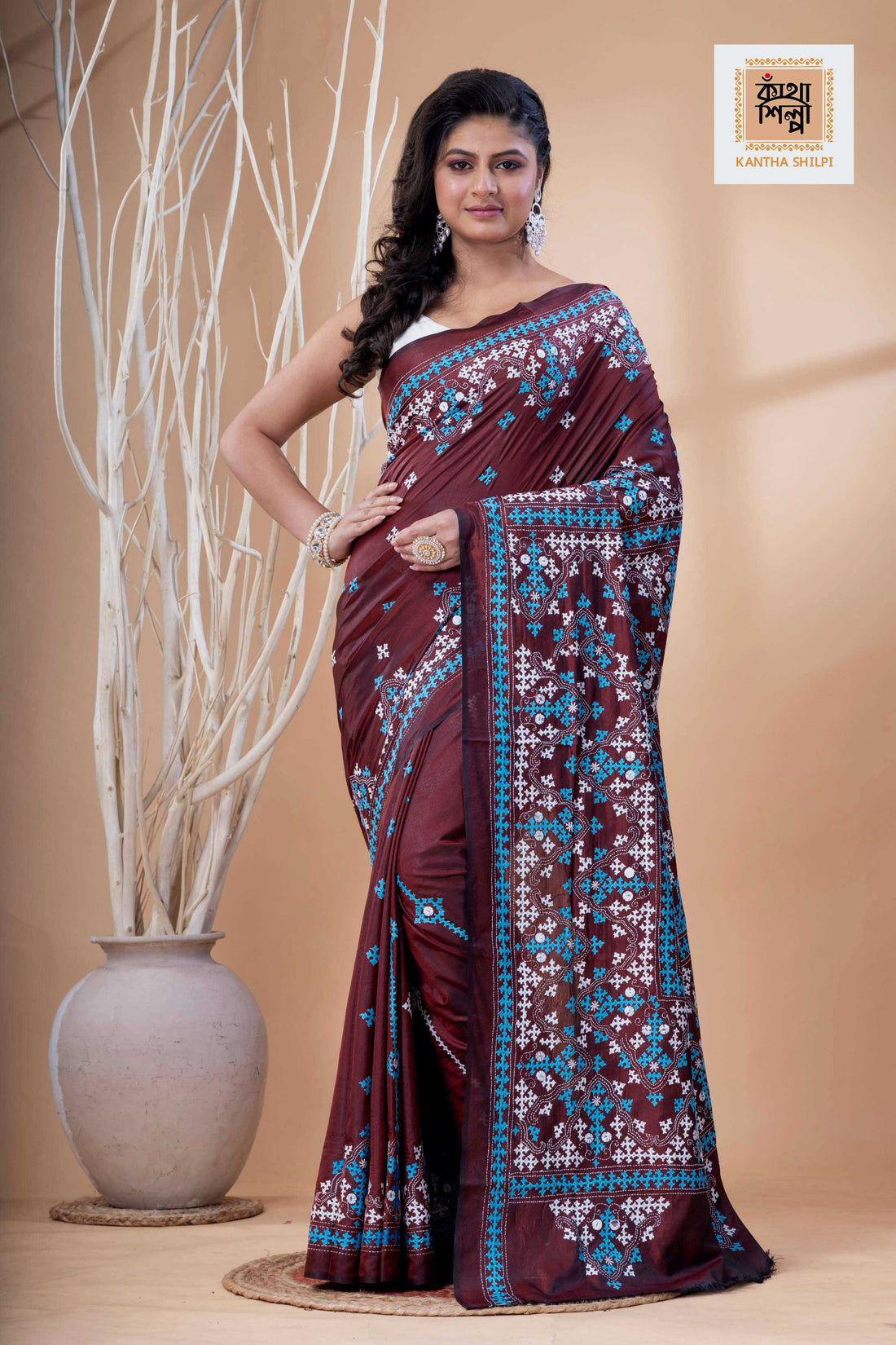 Maroon Bangalore Silk Blue White Thread Work Gujrati Stitch Saree