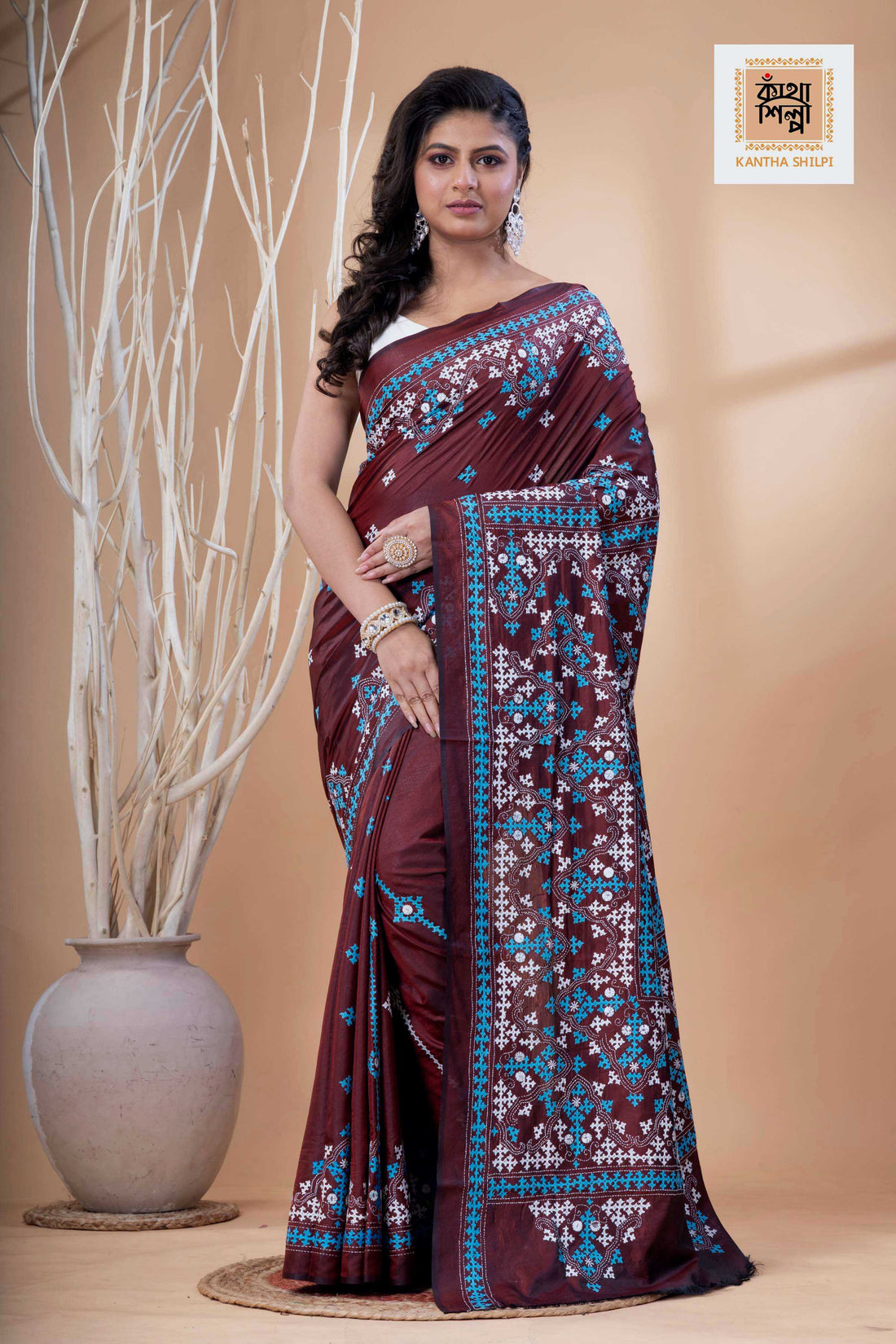Maroon Bangalore Silk Blue White Thread Work Gujrati Stitch Saree