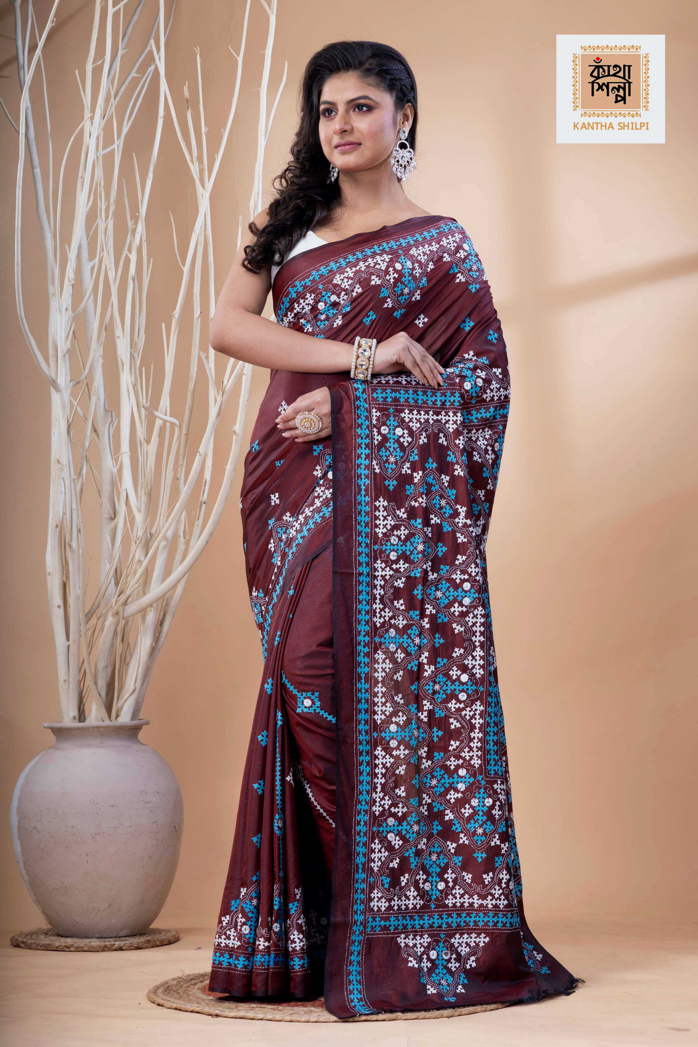 Maroon Bangalore Silk Blue White Thread Work Gujrati Stitch Saree