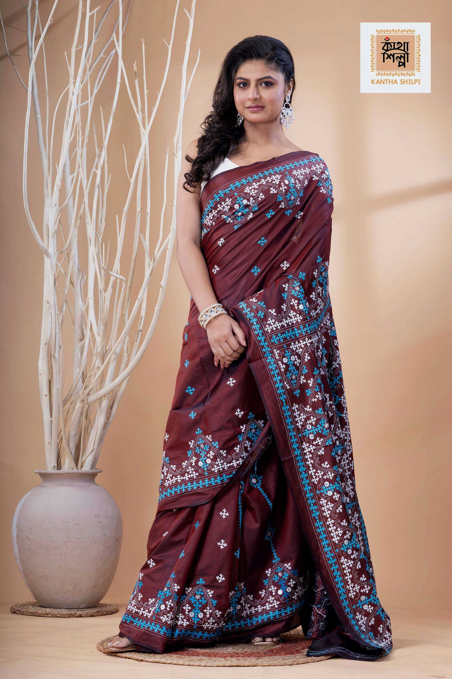 Maroon Bangalore Silk Blue White Thread Work Gujrati Stitch Saree