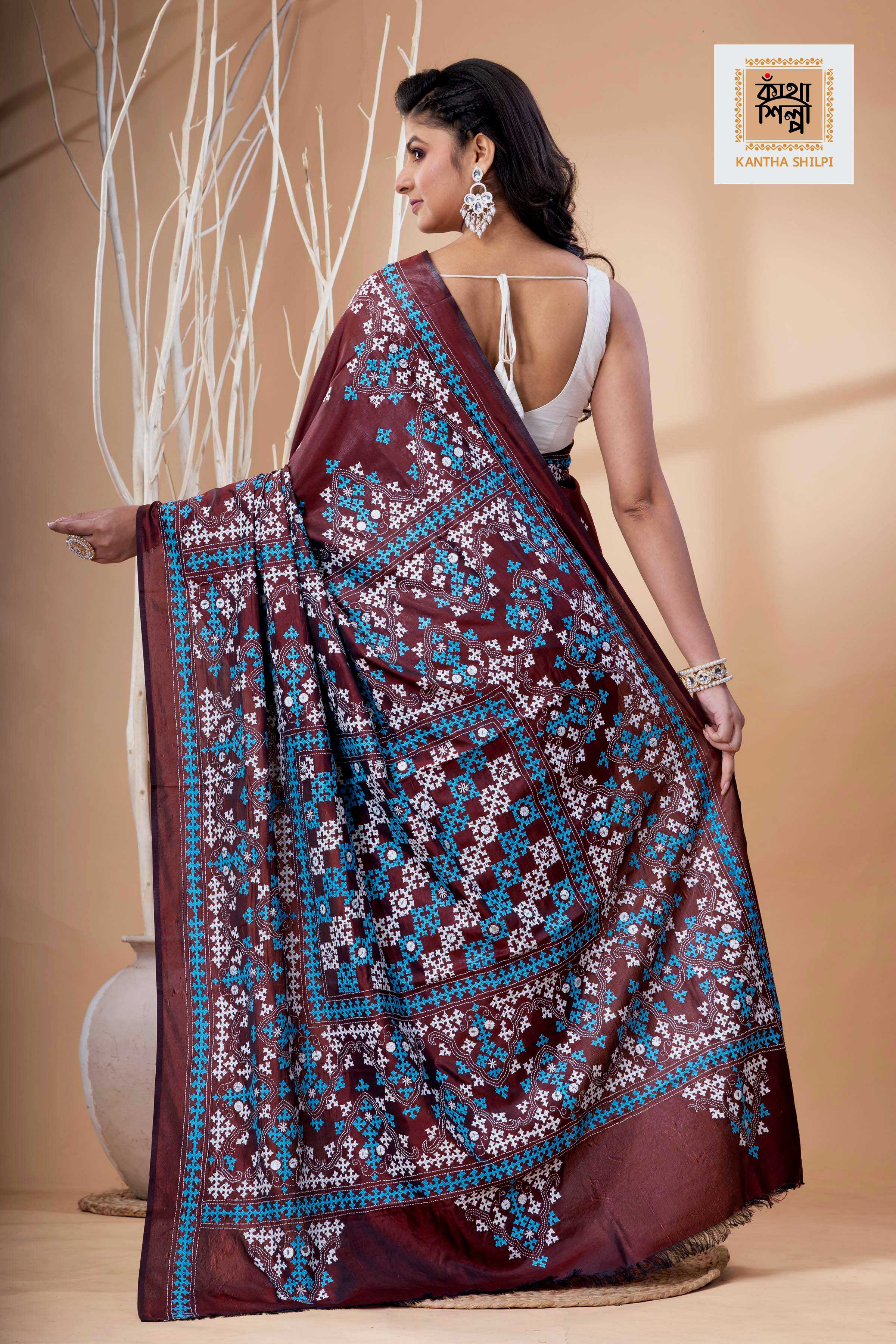 Maroon Bangalore Silk Blue White Thread Work Gujrati Stitch Saree