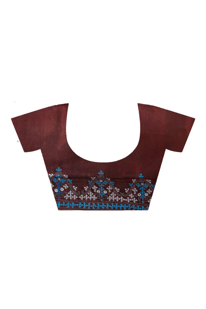 Maroon Bangalore Silk Blue White Thread Work Gujrati Stitch Saree