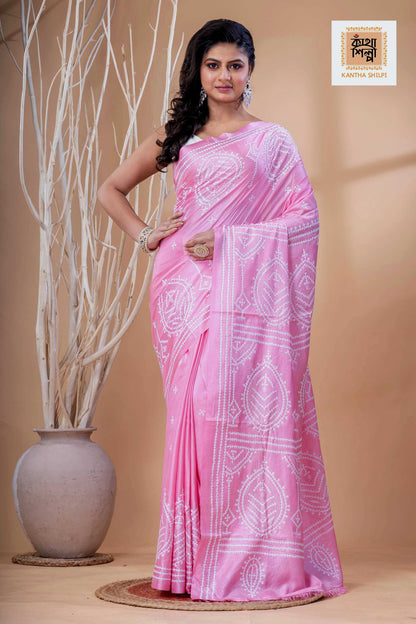 Pink Bangalore Silk White Thread Work Gujrati Stitch Saree