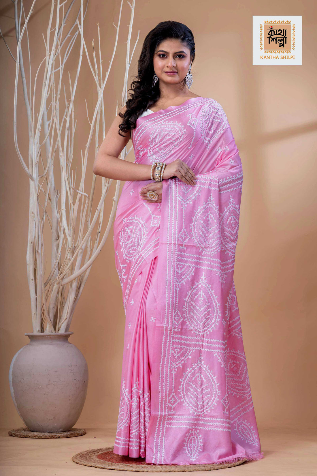 Pink Bangalore Silk White Thread Work Gujrati Stitch Saree