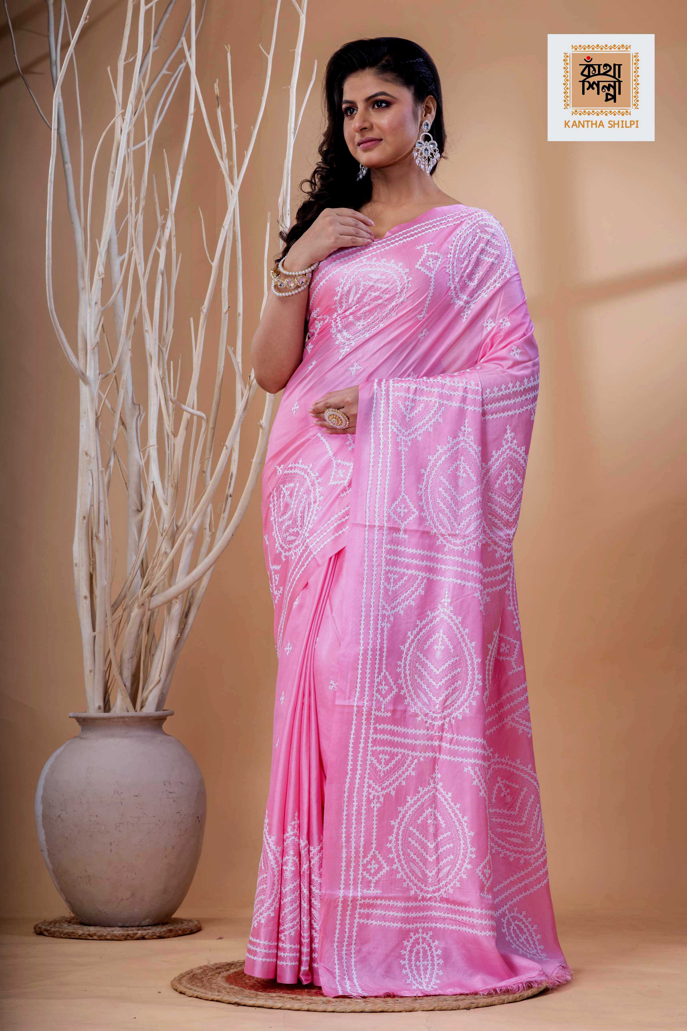 Pink Bangalore Silk White Thread Work Gujrati Stitch Saree