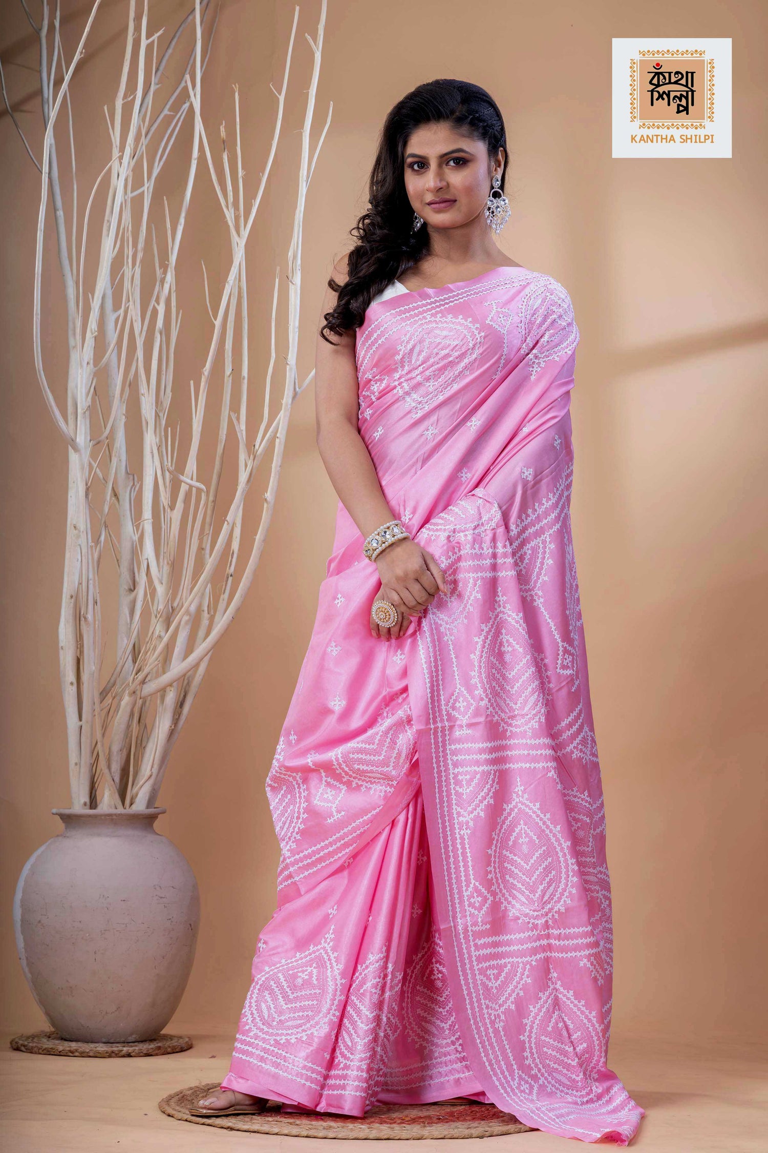 Pink Bangalore Silk White Thread Work Gujrati Stitch Saree