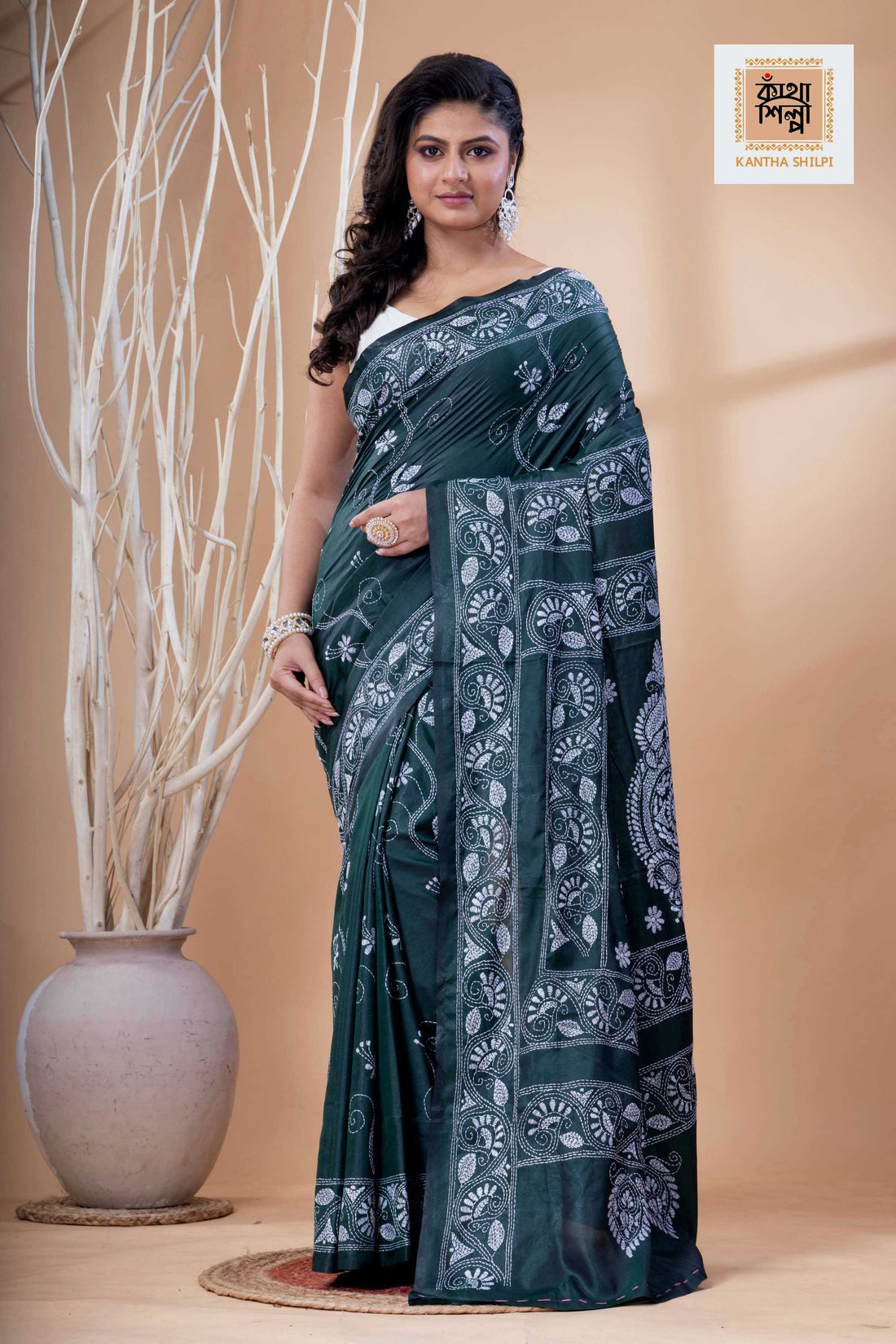Dark Green Color Bangalore Silk White Color Thread Work Kantha Stitch Saree