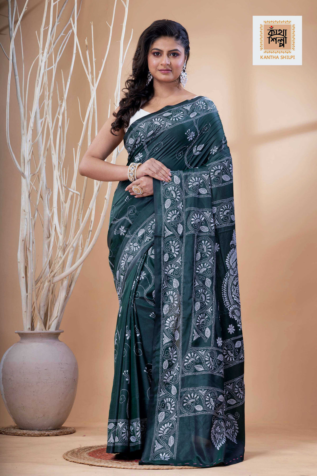 Dark Green Color Bangalore Silk White Color Thread Work Kantha Stitch Saree