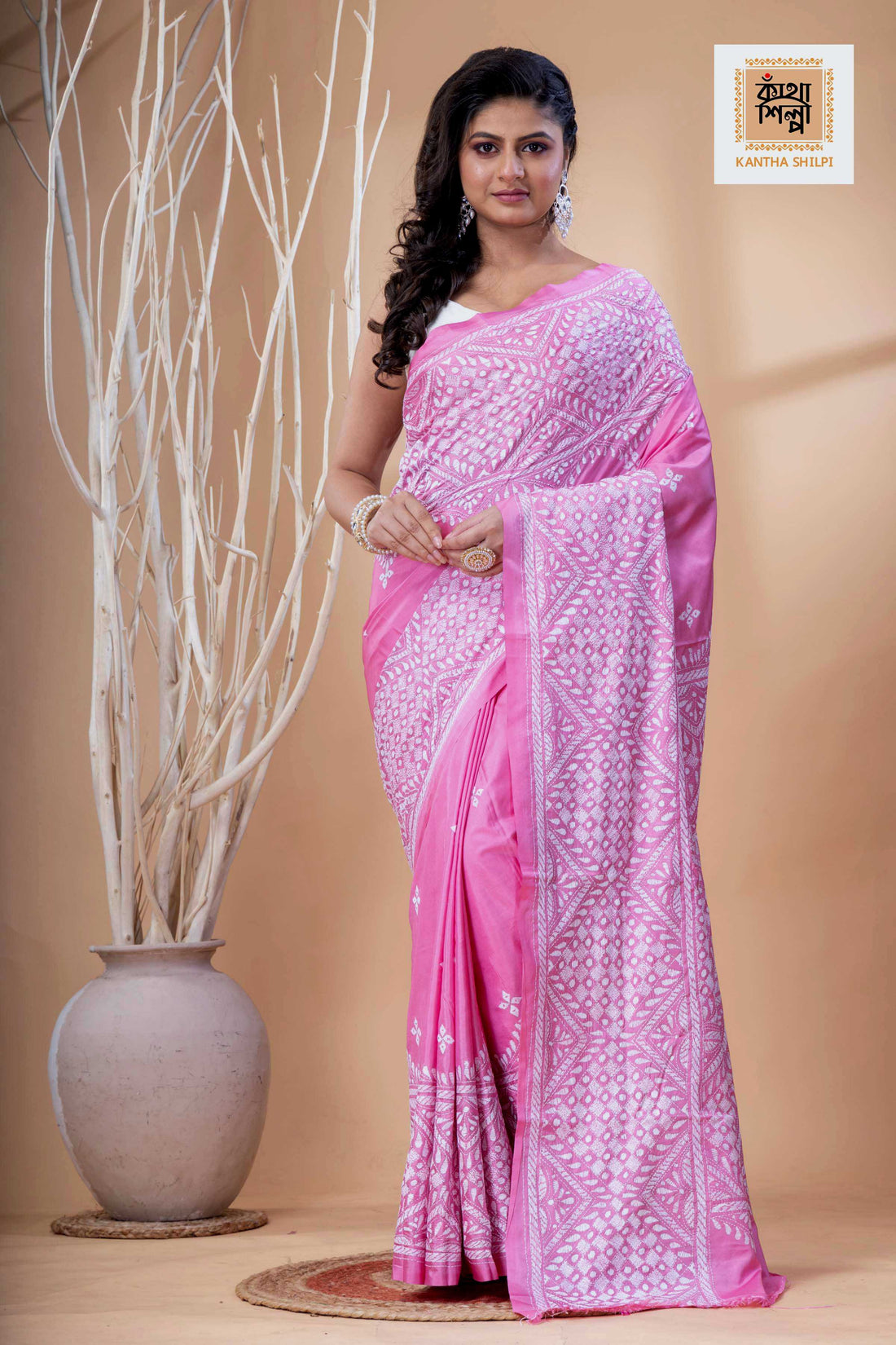 Pink Color Bangalore Silk White Color Thread Work Kantha Stitch Saree