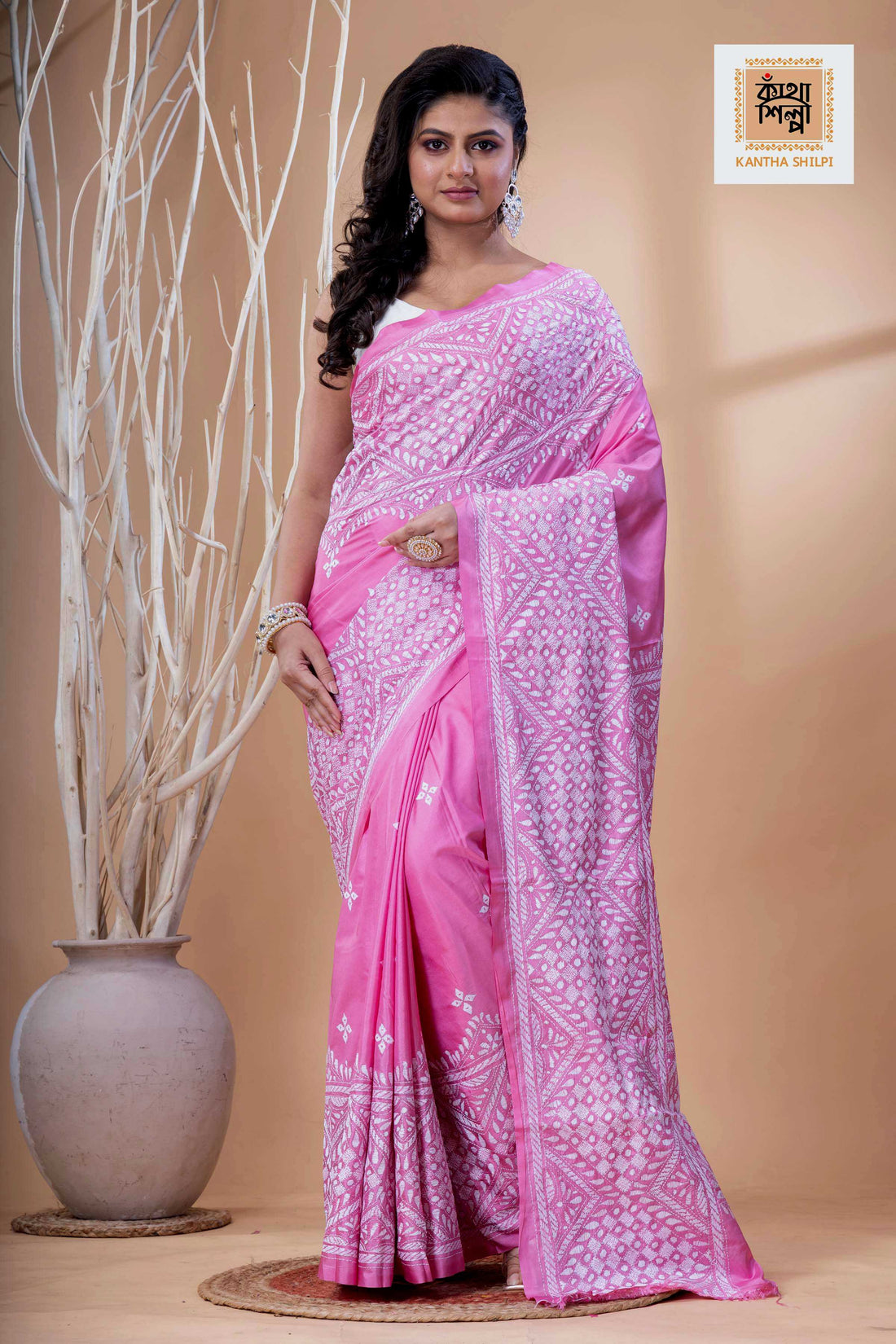 Pink Color Bangalore Silk White Color Thread Work Kantha Stitch Saree