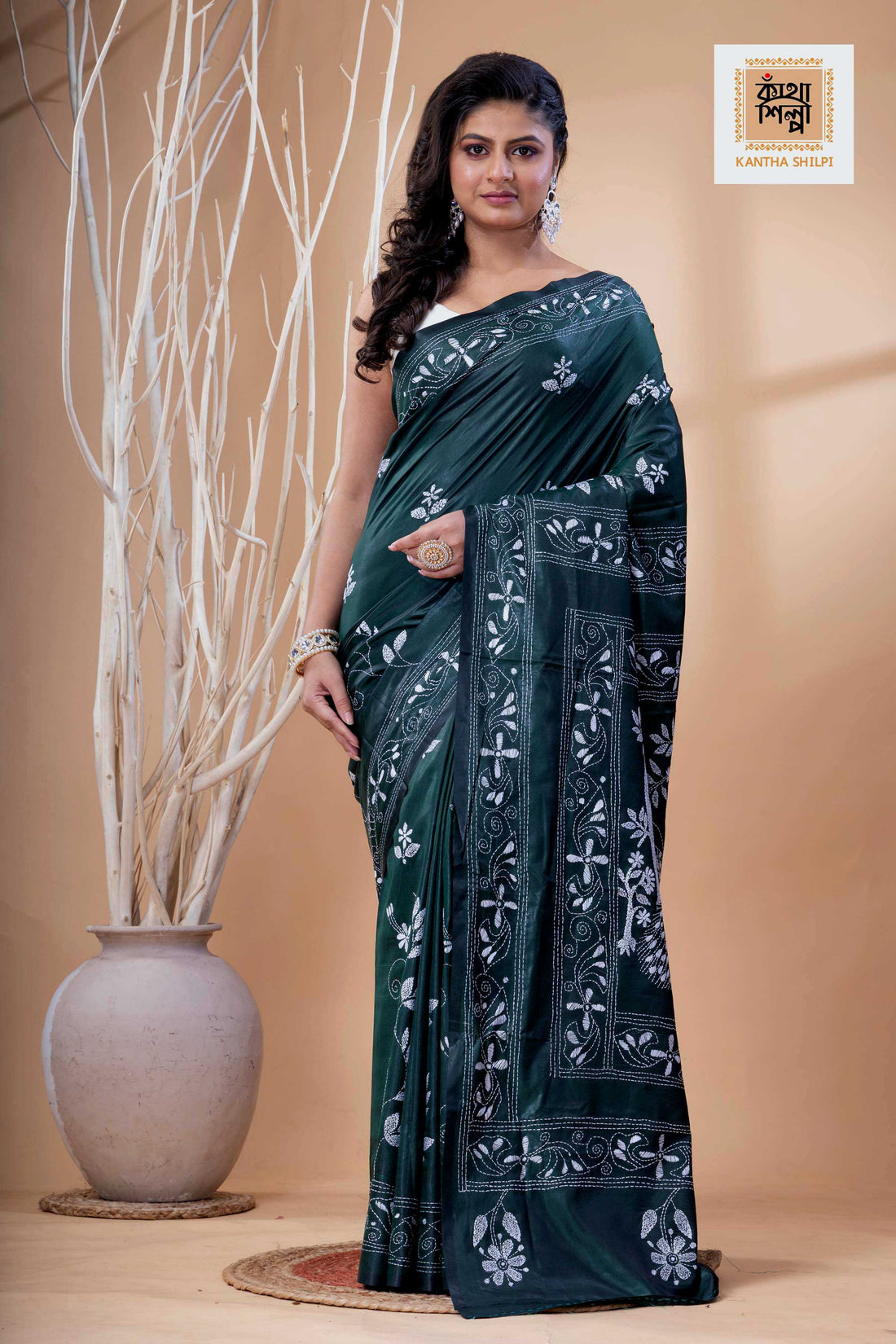 Dark Green Color Bangalore Silk White Color Thread Work Kantha Stitch Saree