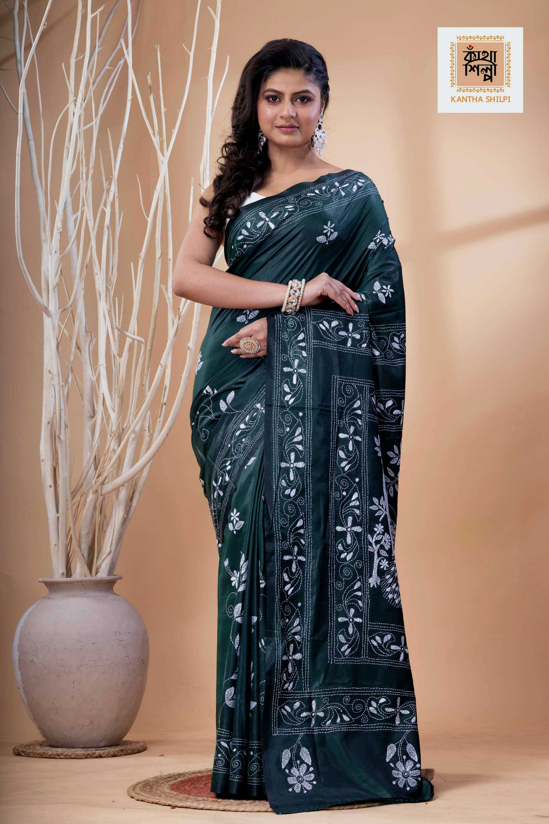 Dark Green Color Bangalore Silk White Color Thread Work Kantha Stitch Saree