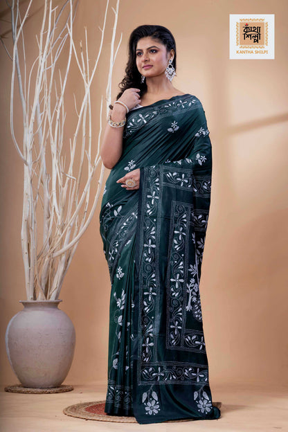 Dark Green Color Bangalore Silk White Color Thread Work Kantha Stitch Saree
