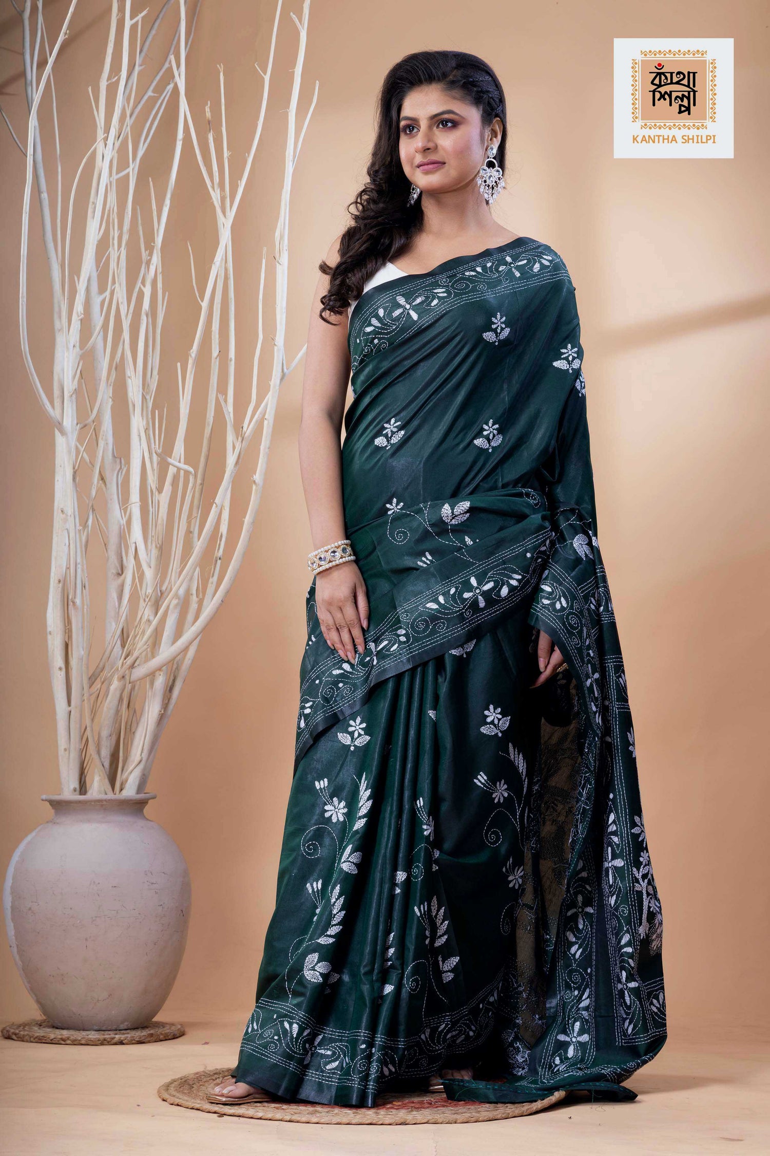 Dark Green Color Bangalore Silk White Color Thread Work Kantha Stitch Saree