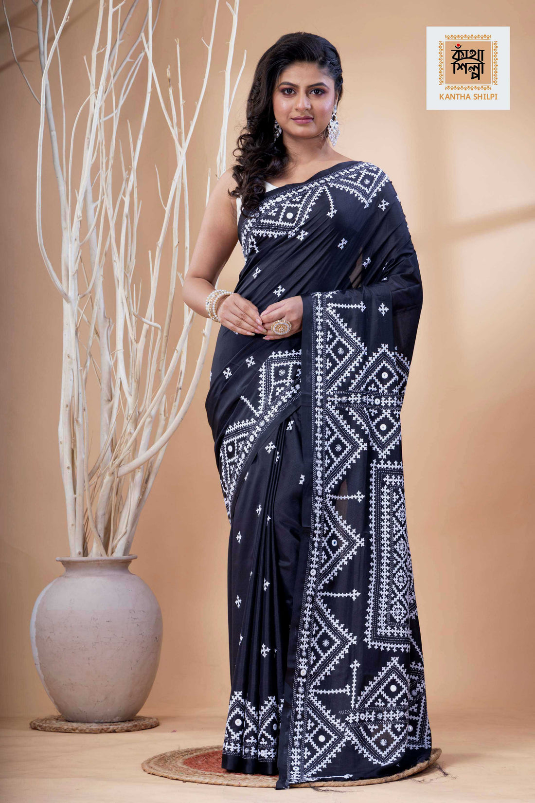 Black Bangalore Silk White Thread Work Gujrati Stitch Saree