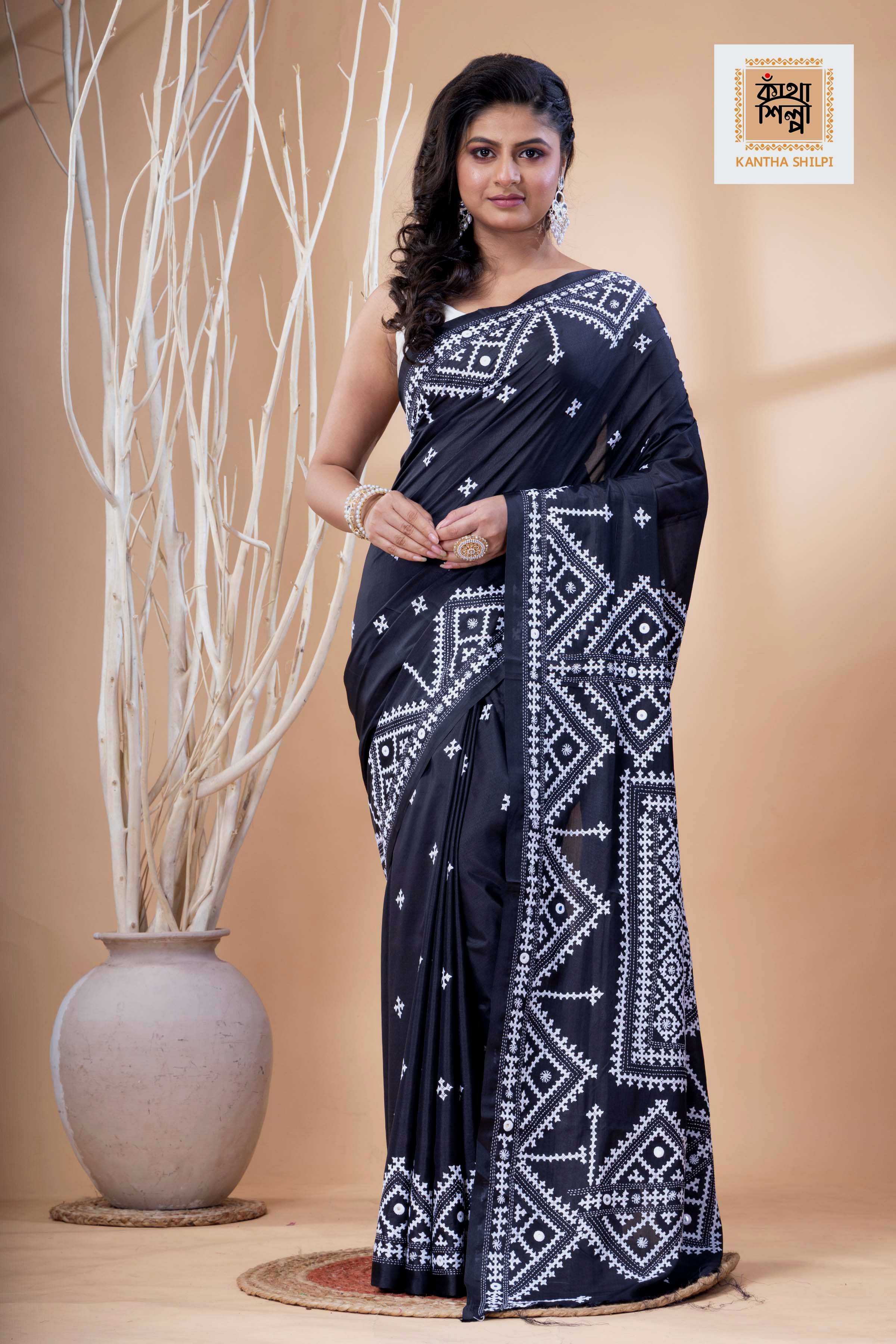 Black Bangalore Silk White Thread Work Gujrati Stitch Saree