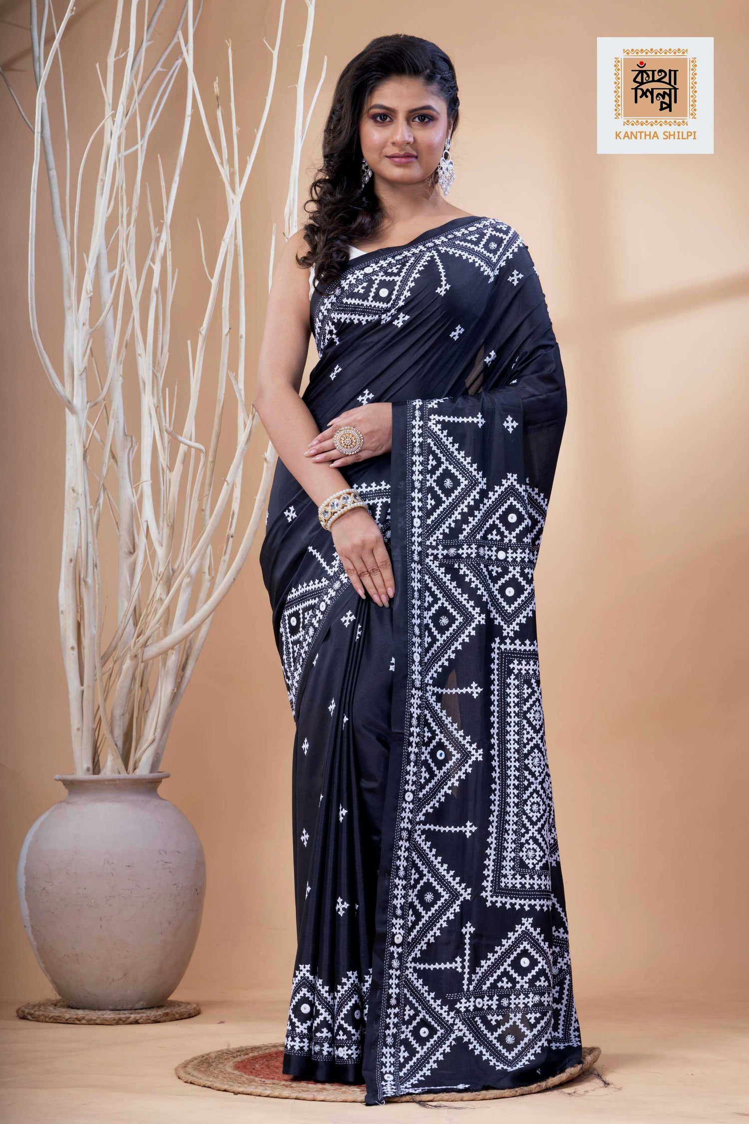 Black Bangalore Silk White Thread Work Gujrati Stitch Saree