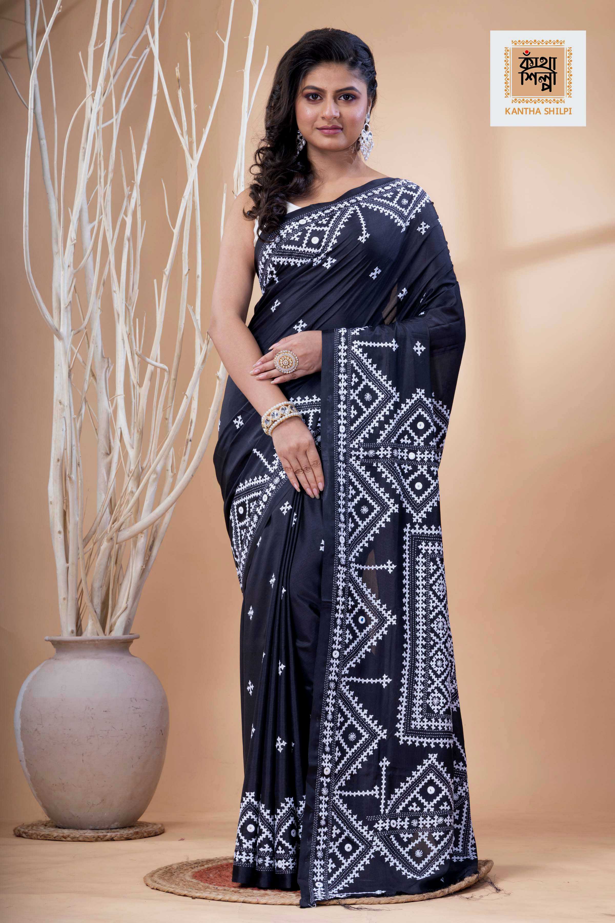Black Bangalore Silk White Thread Work Gujrati Stitch Saree