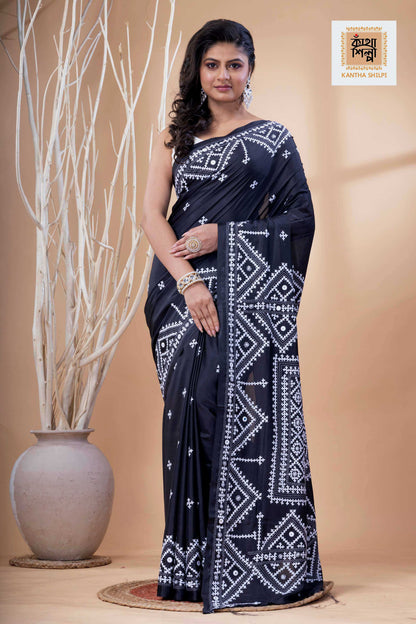Black Bangalore Silk White Thread Work Gujrati Stitch Saree