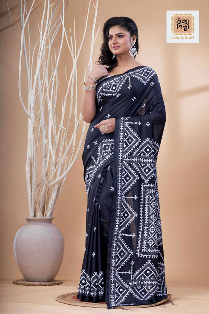 Black Bangalore Silk White Thread Work Gujrati Stitch Saree