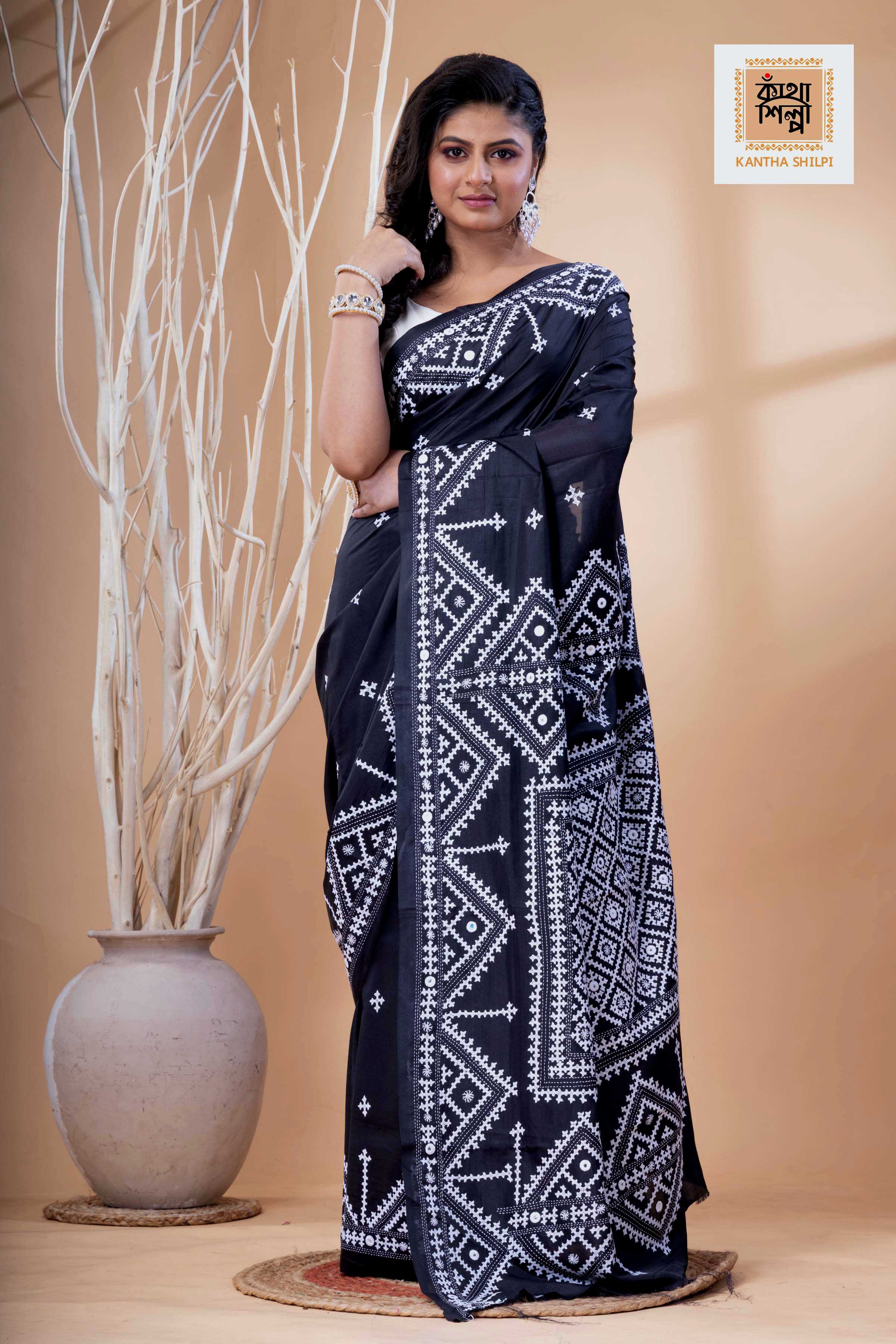 Black Bangalore Silk White Thread Work Gujrati Stitch Saree