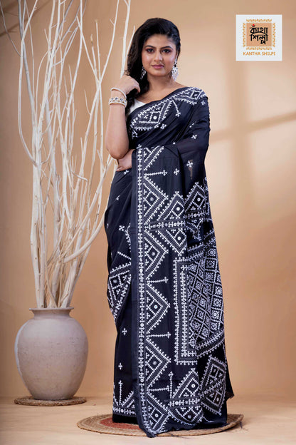 Black Bangalore Silk White Thread Work Gujrati Stitch Saree