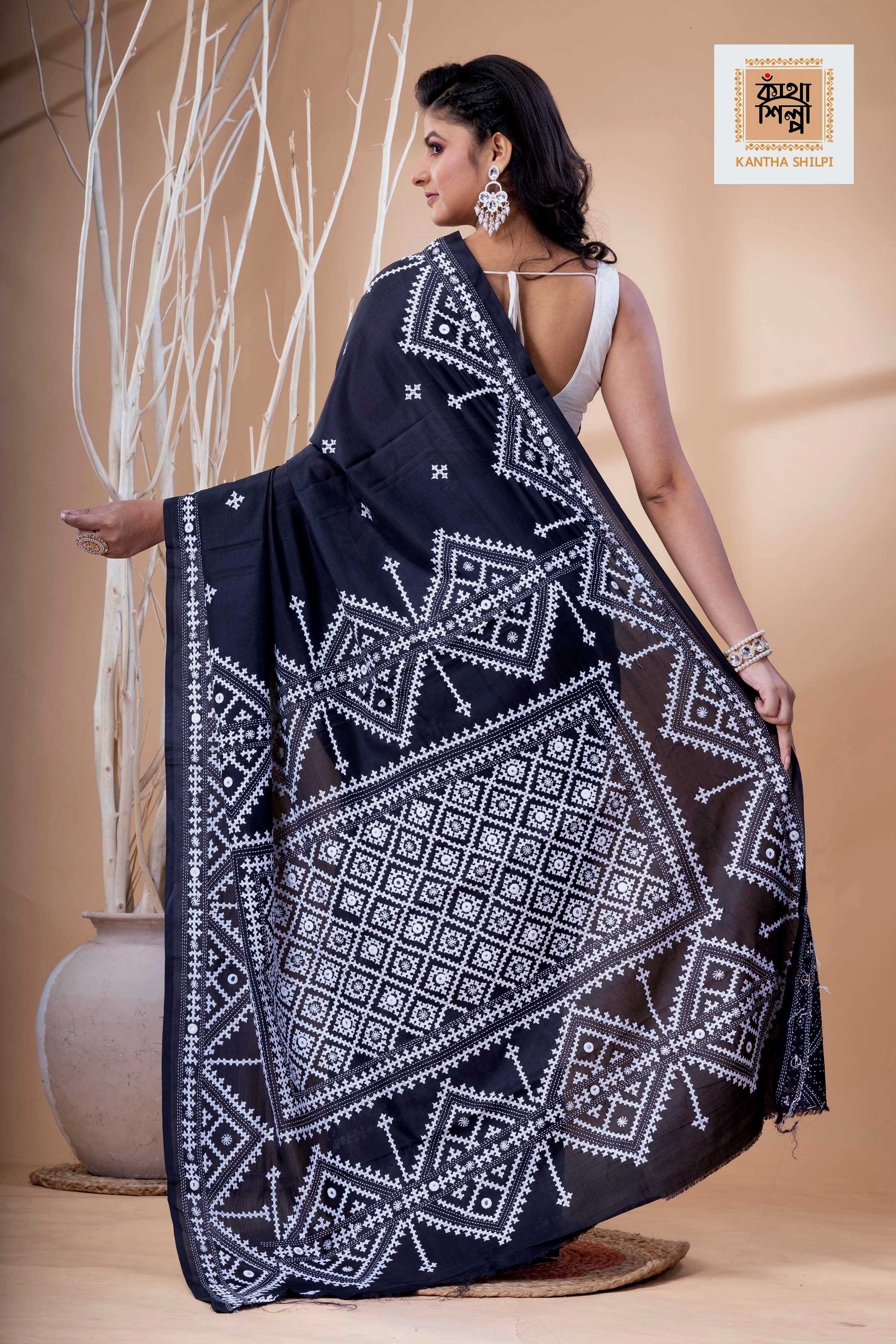 Black Bangalore Silk White Thread Work Gujrati Stitch Saree