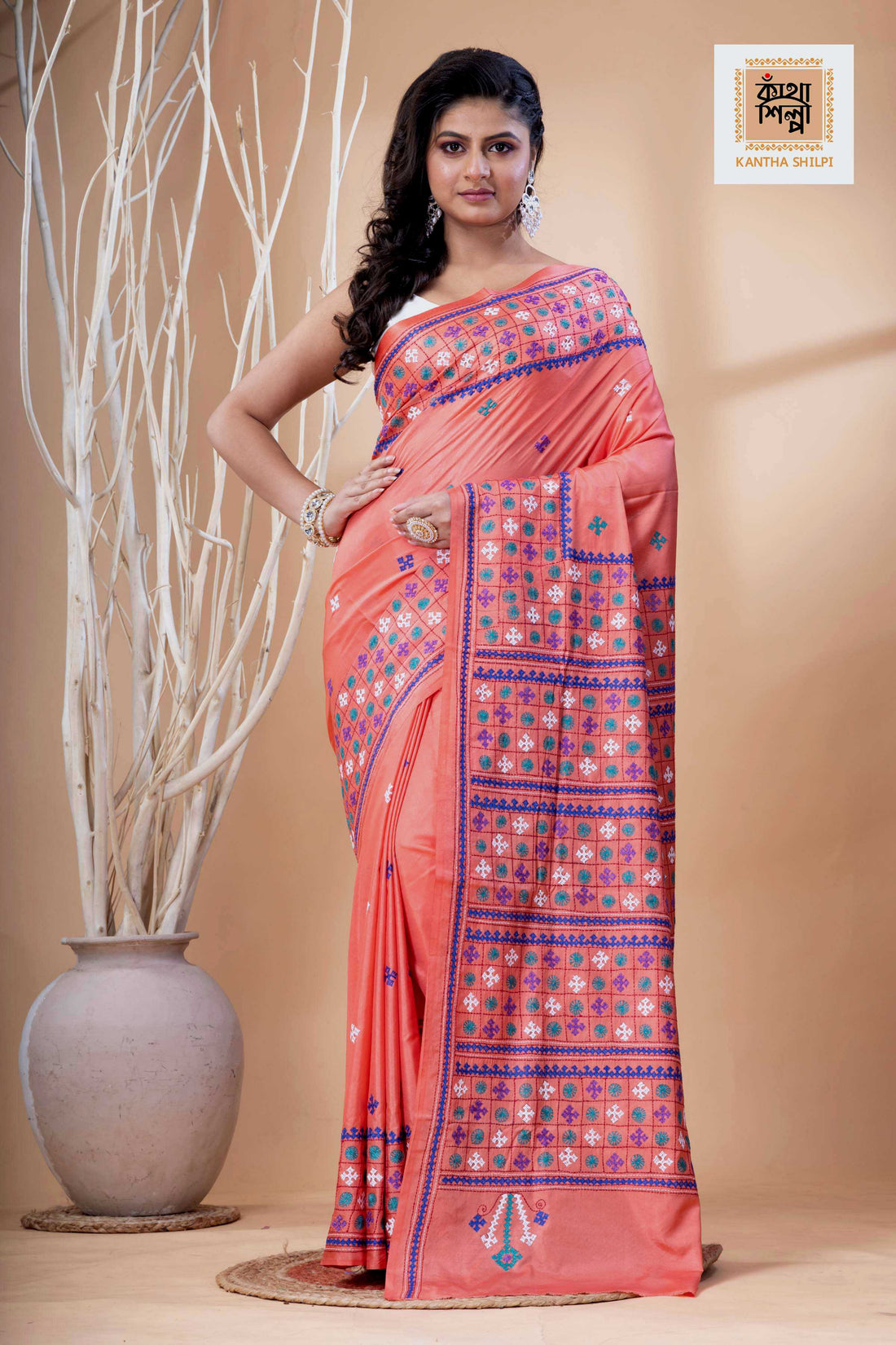 Carmine Pink Bangalore Silk Tri-color Thread Work Gujrati Stitch Saree
