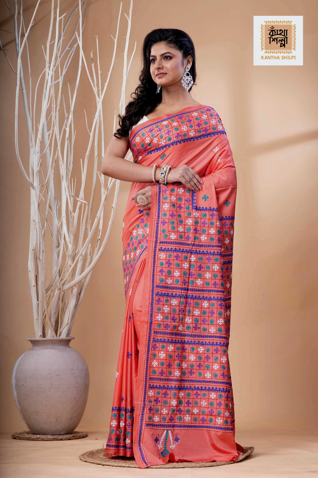 Carmine Pink Bangalore Silk Tri-color Thread Work Gujrati Stitch Saree