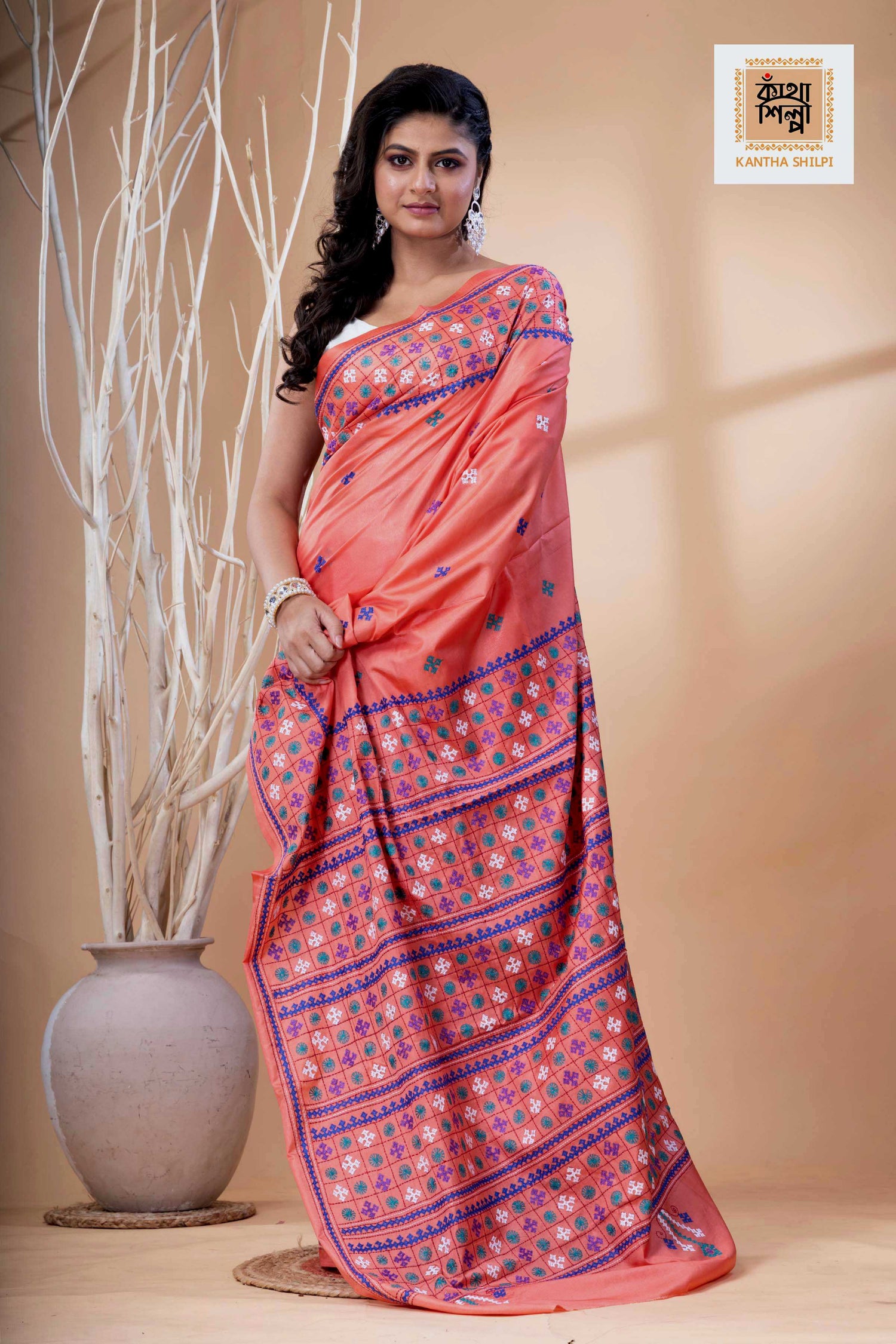 Carmine Pink Bangalore Silk Tri-color Thread Work Gujrati Stitch Saree