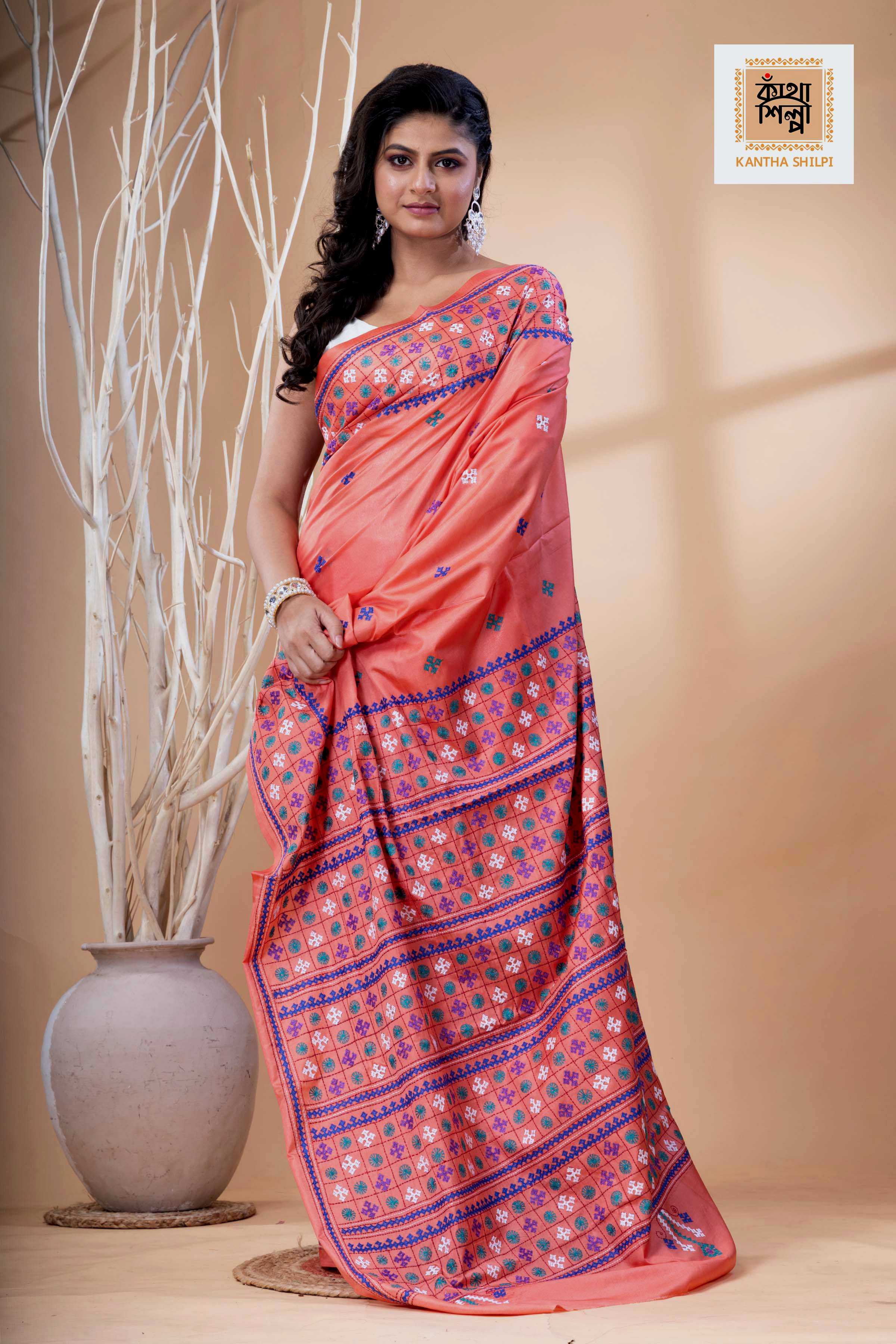Carmine Pink Bangalore Silk Tri-color Thread Work Gujrati Stitch Saree