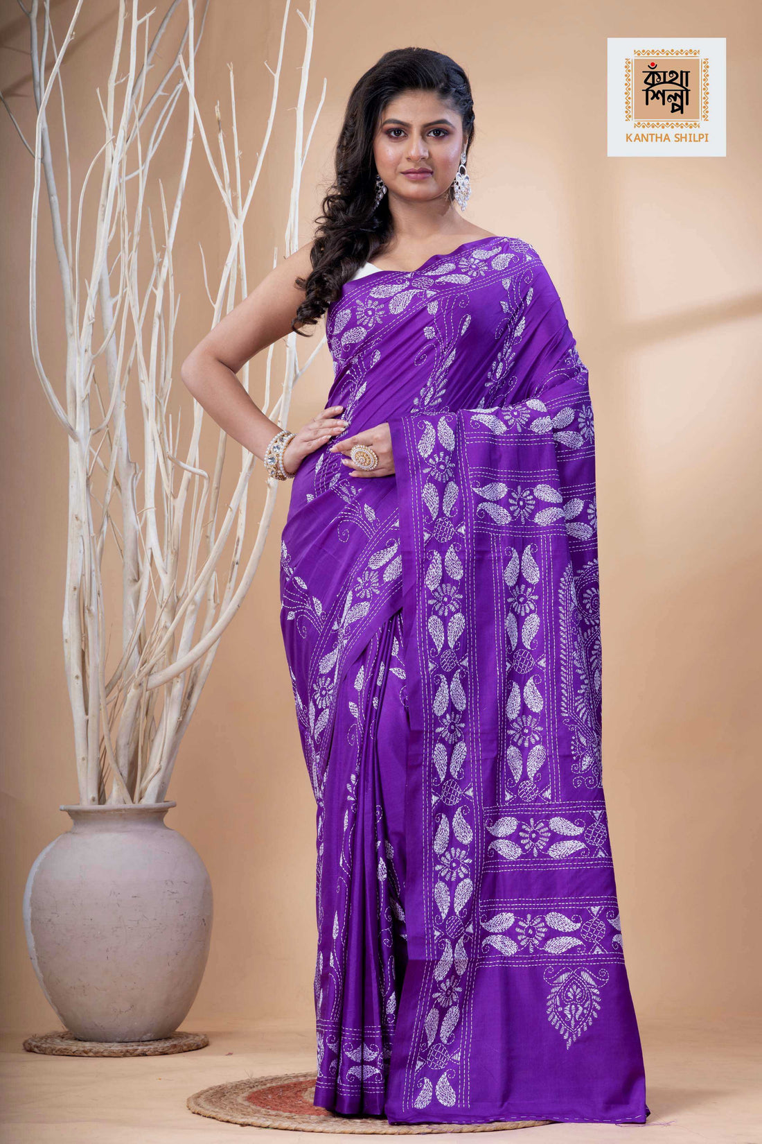 Violet Color Bangalore Silk White Color Thread Work Kantha Stitch Saree