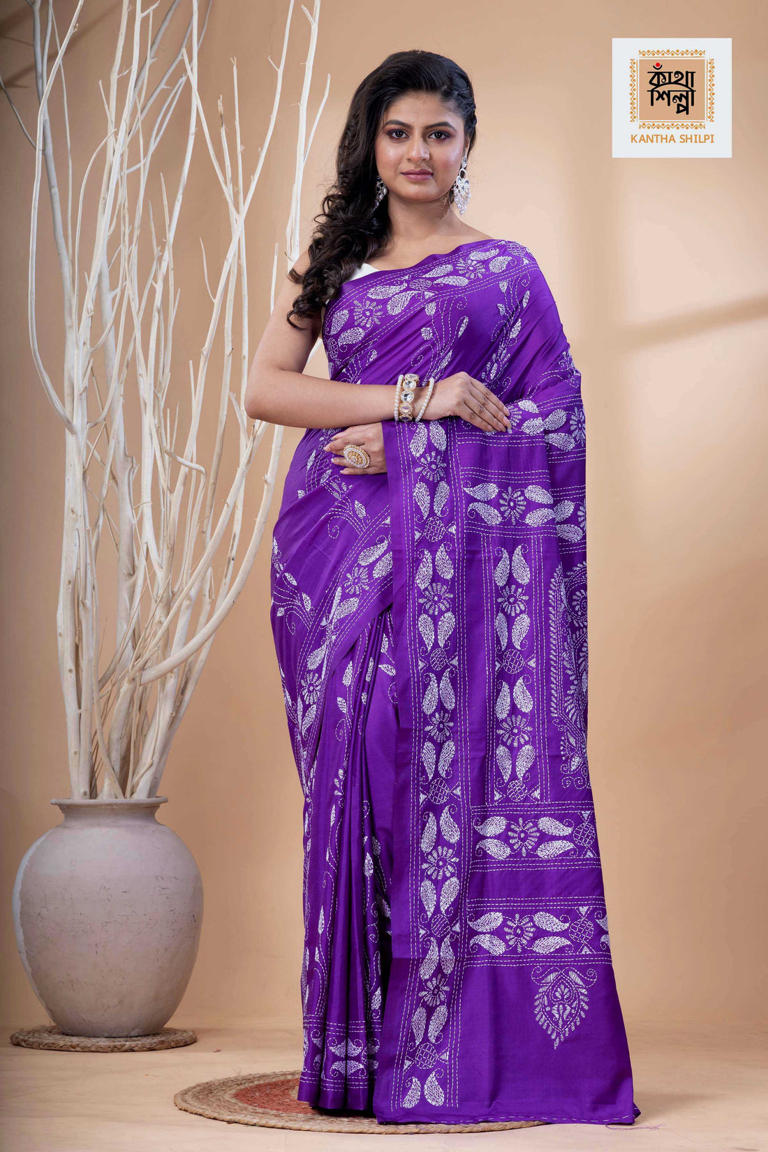 Violet Color Bangalore Silk White Color Thread Work Kantha Stitch Saree