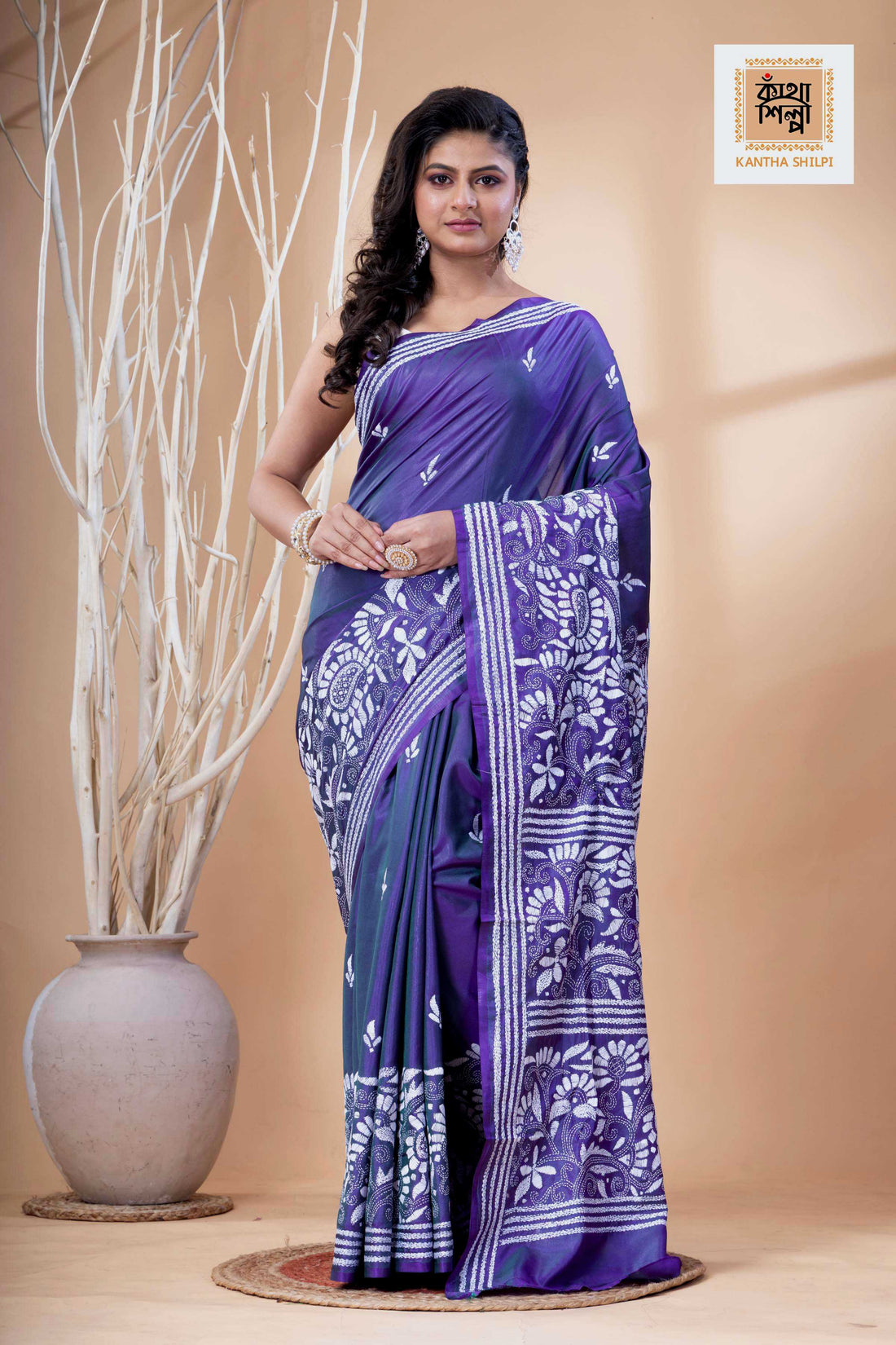 Blue Color Bangalore Silk White Color Thread Work Kantha Stitch Saree